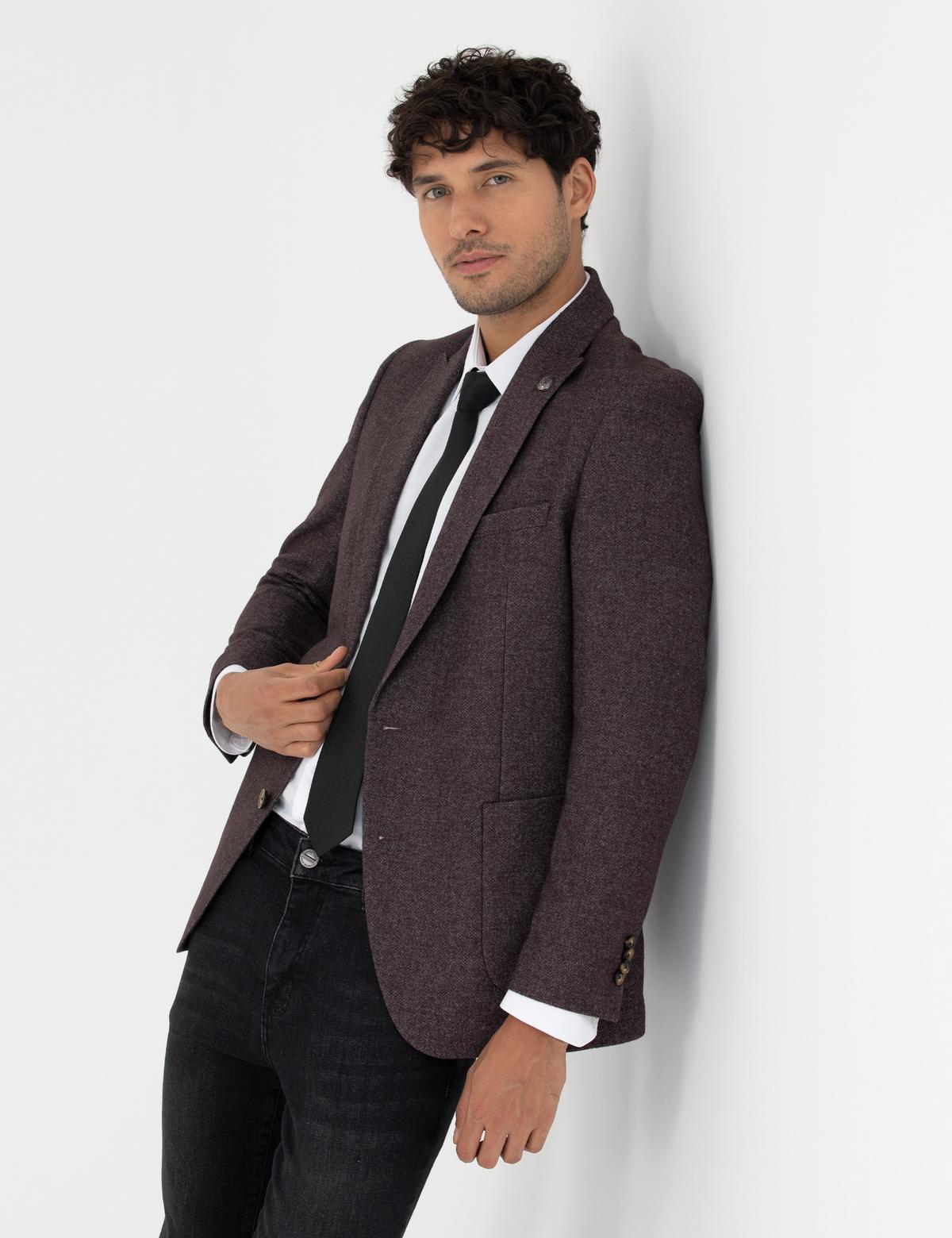 Bordo Ekstra Slim Fit Yün Karışımlı Blazer Ceket