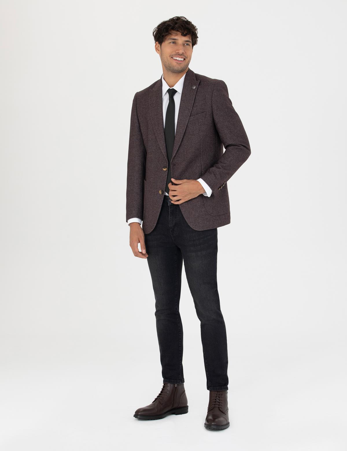 Bordo Ekstra Slim Fit Yün Karışımlı Blazer Ceket - 50273158080