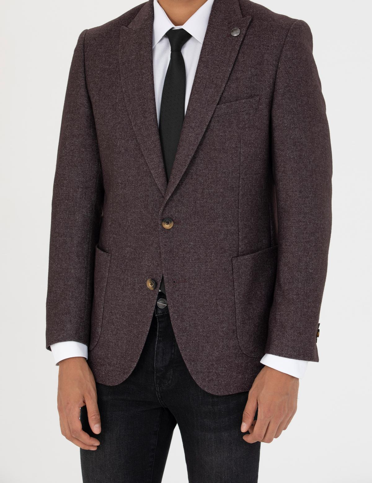 Bordo Ekstra Slim Fit Yün Karışımlı Blazer Ceket - 50273158080