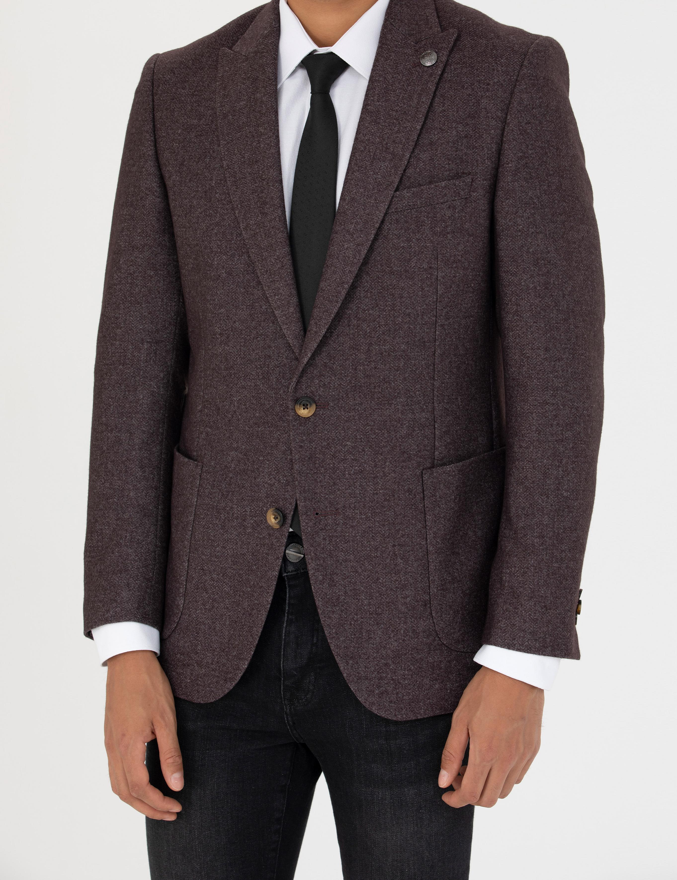 Bordo Ekstra Slim Fit Yün Karışımlı Blazer Ceket