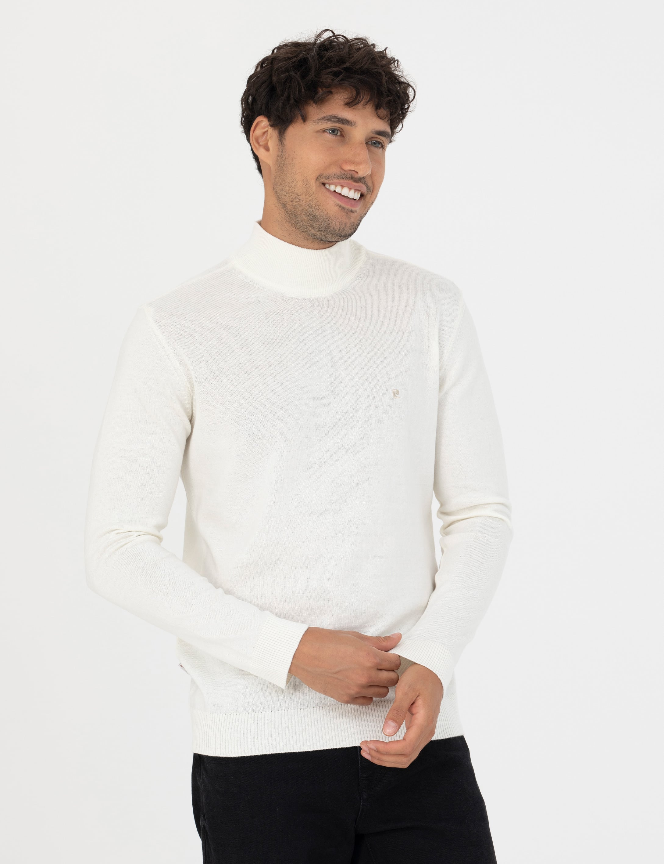 Ekru Slim Fit Yarım Balıkçı Yaka Basic Triko Kazak