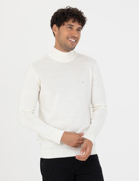 Ekru Slim Fit Yarım Balıkçı Yaka Basic Triko Kazak - 50276502013