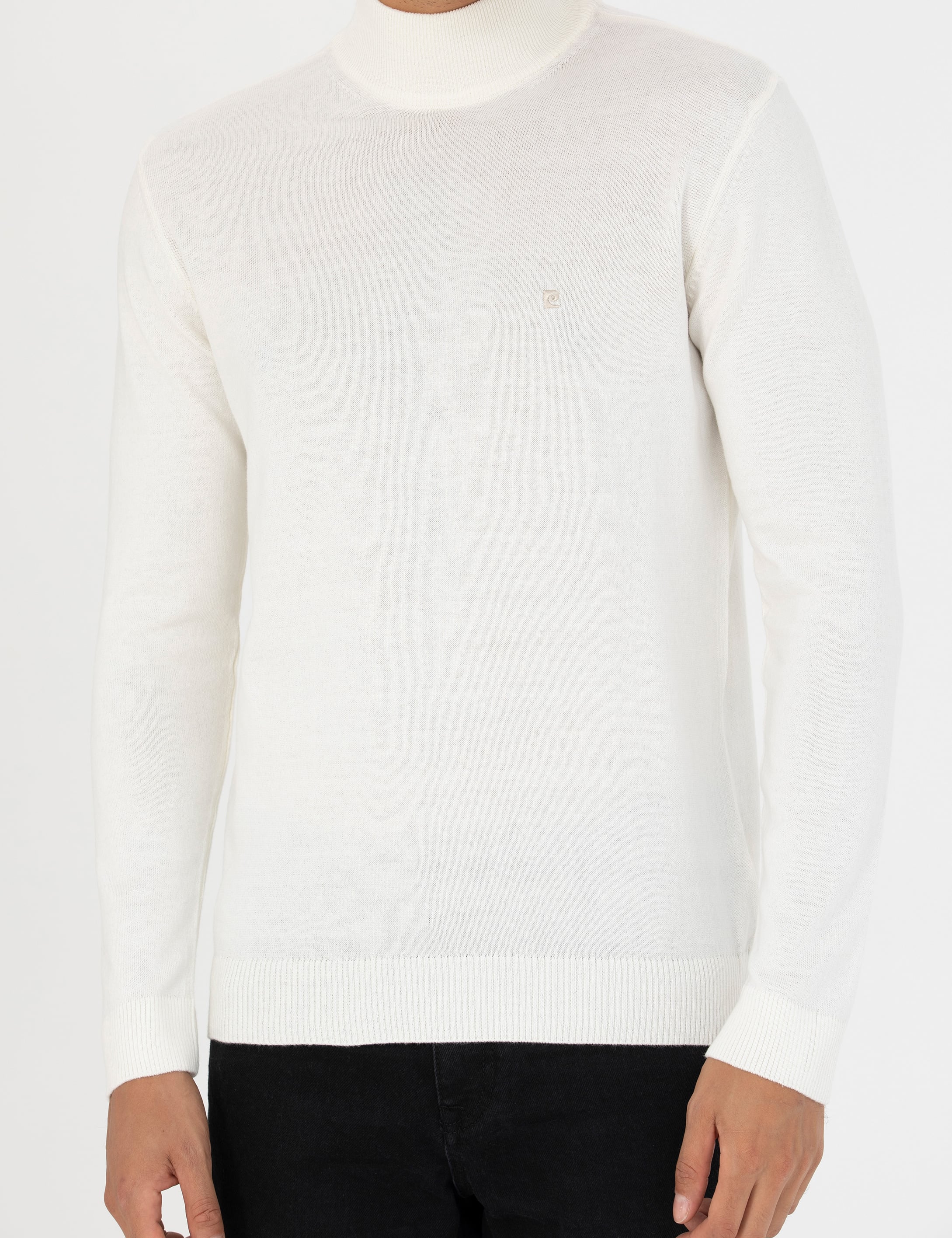Ekru Slim Fit Yarım Balıkçı Yaka Basic Triko Kazak