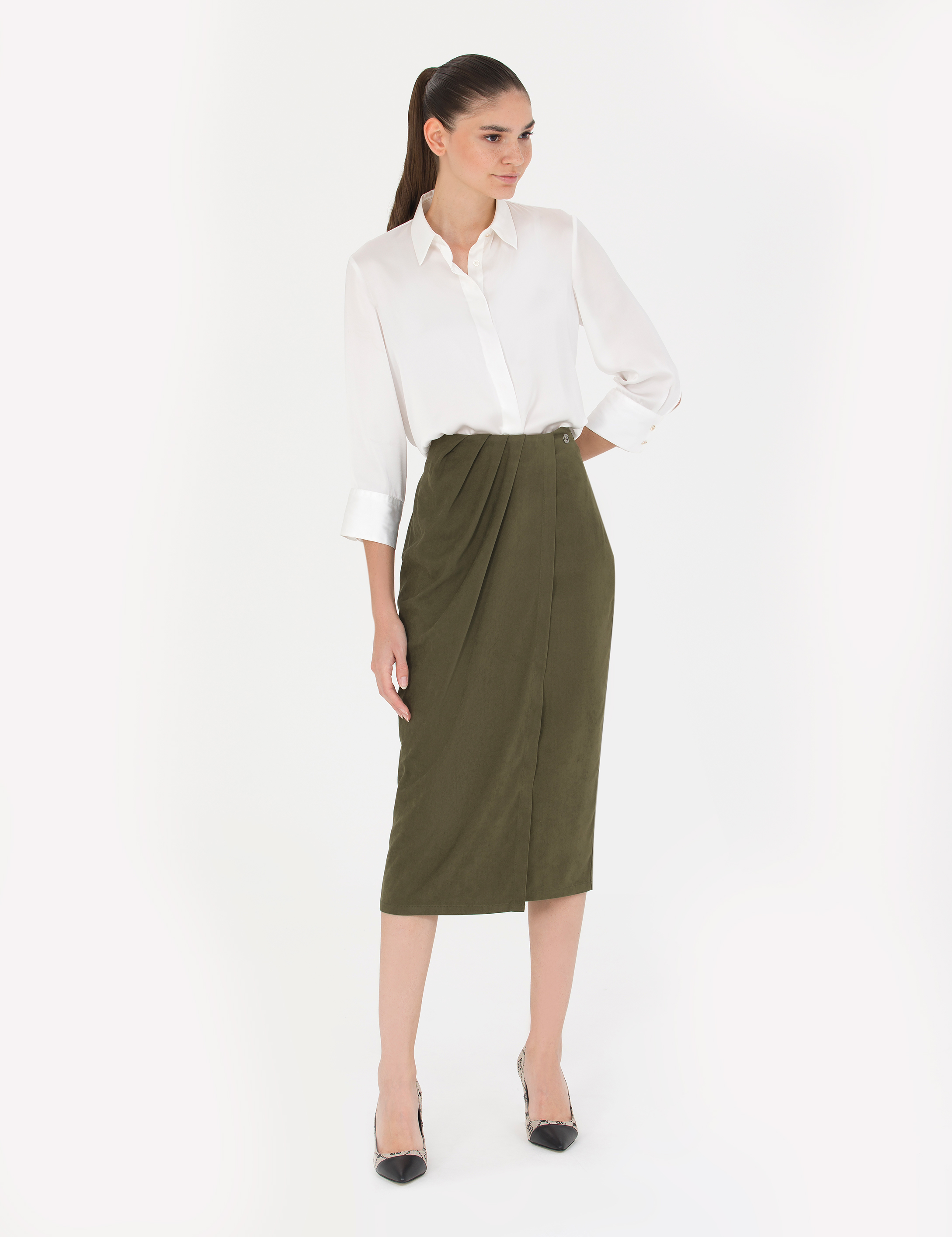 Pierre Cardin Haki Regular Dokuma Etek görsel 3