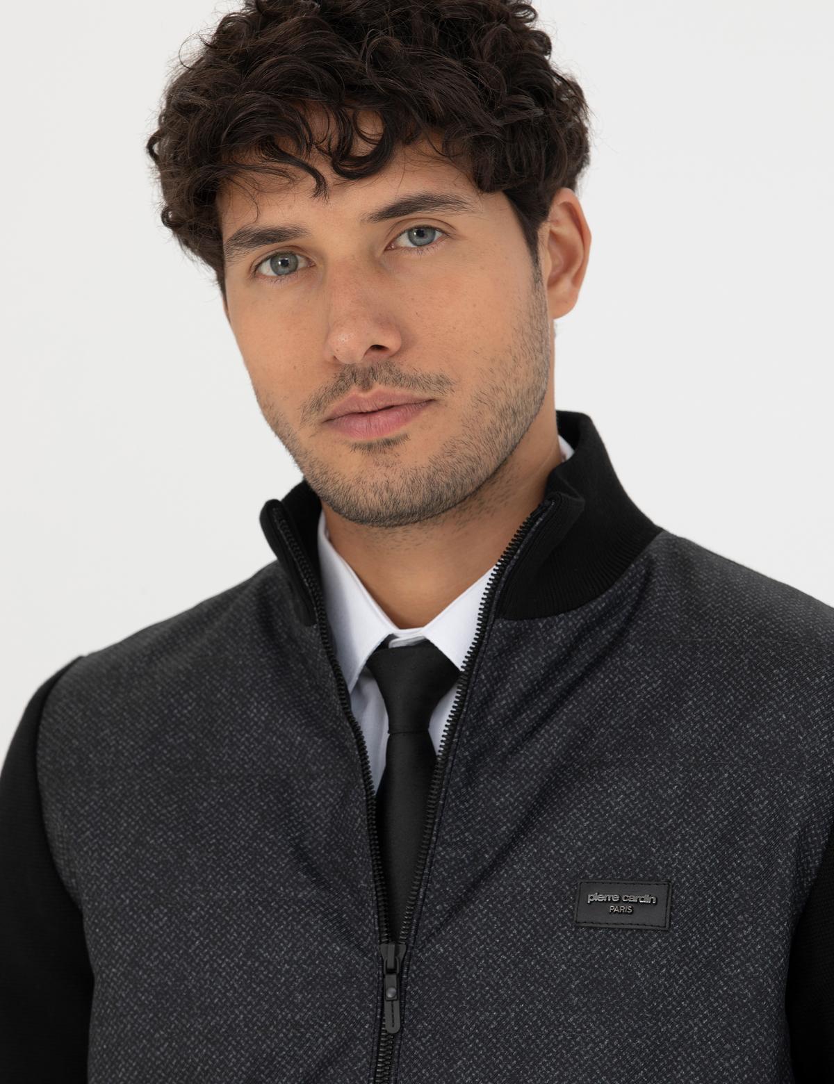 Siyah Slim Fit Fermuarlı Triko Hırka - 50276621017