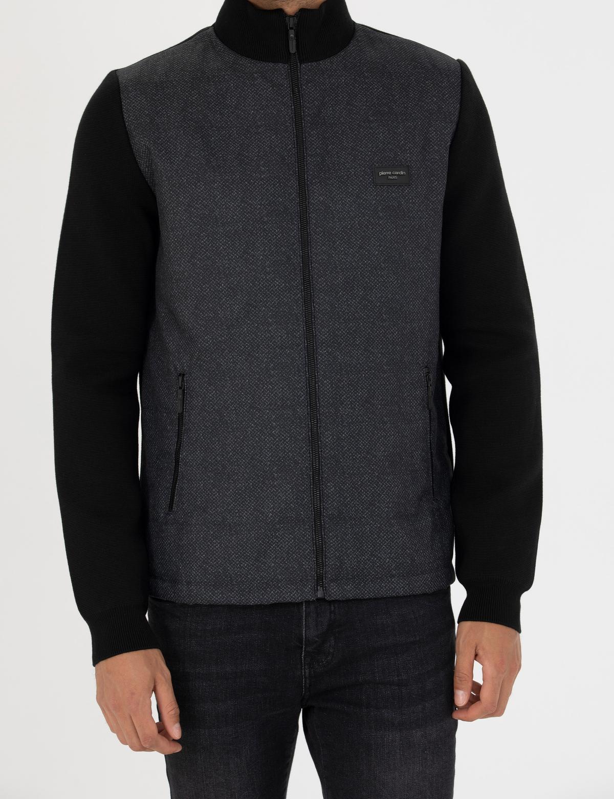 Siyah Slim Fit Fermuarlı Triko Hırka - 50276621017