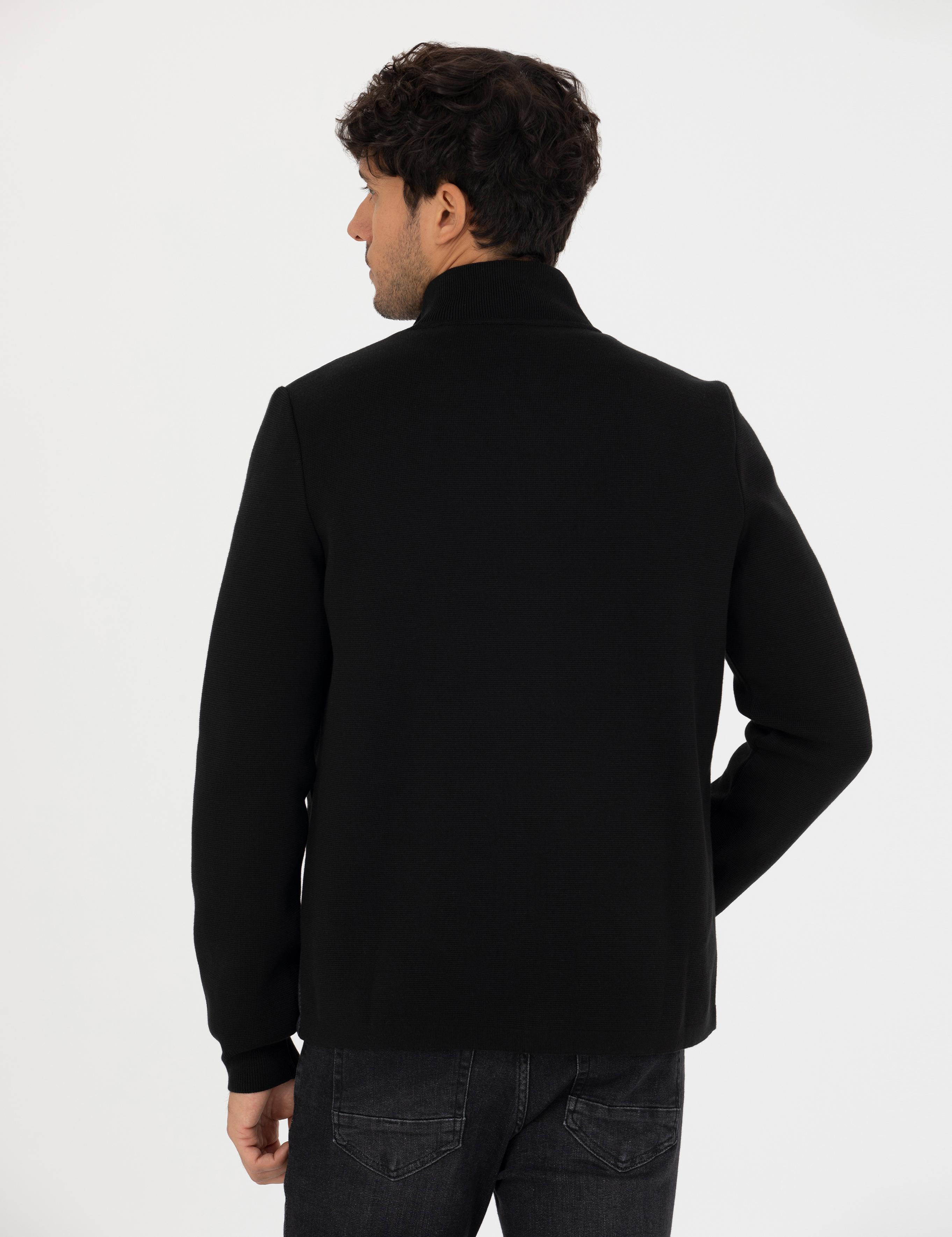 Siyah Slim Fit Fermuarlı Triko Hırka