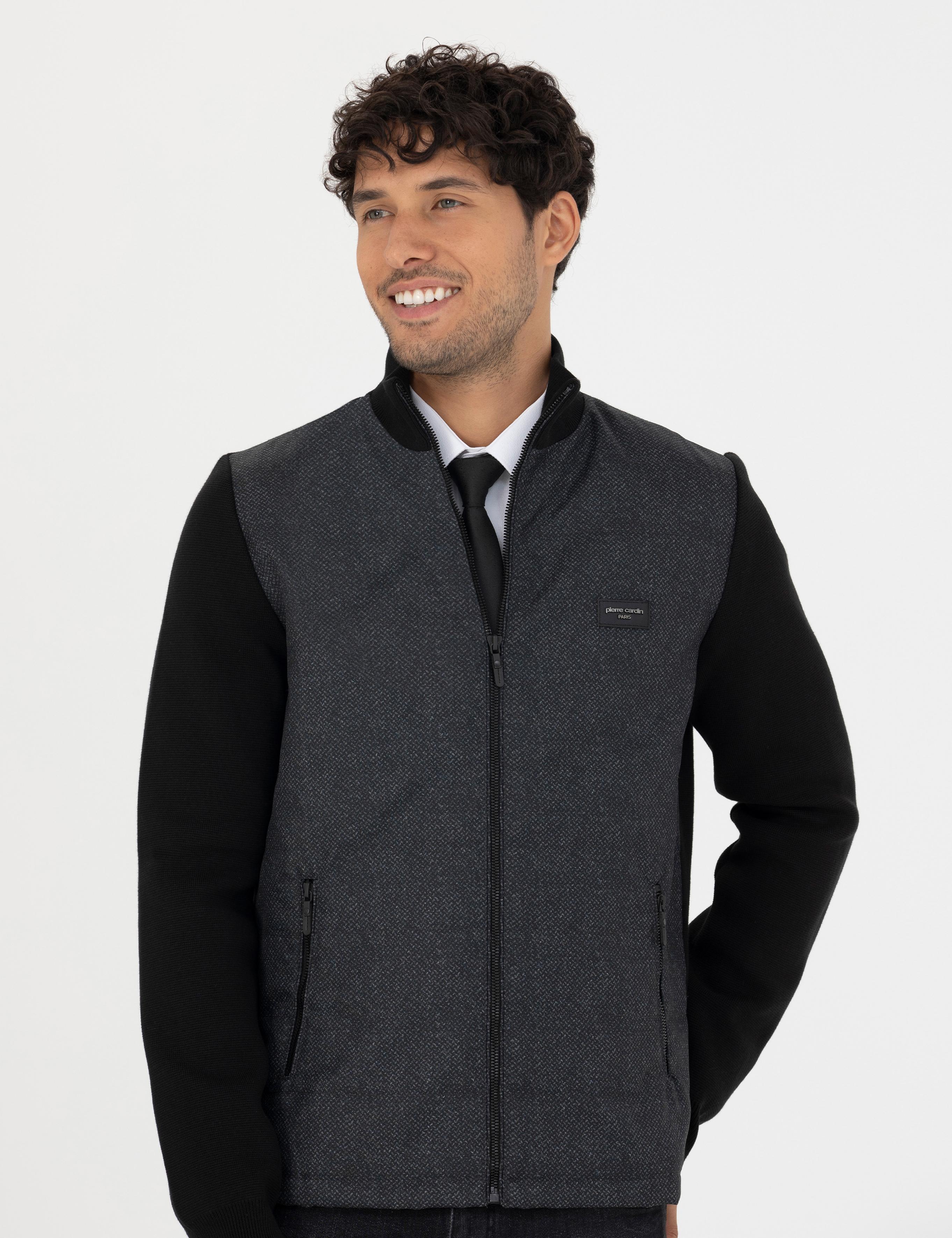 Siyah Slim Fit Fermuarlı Triko Hırka