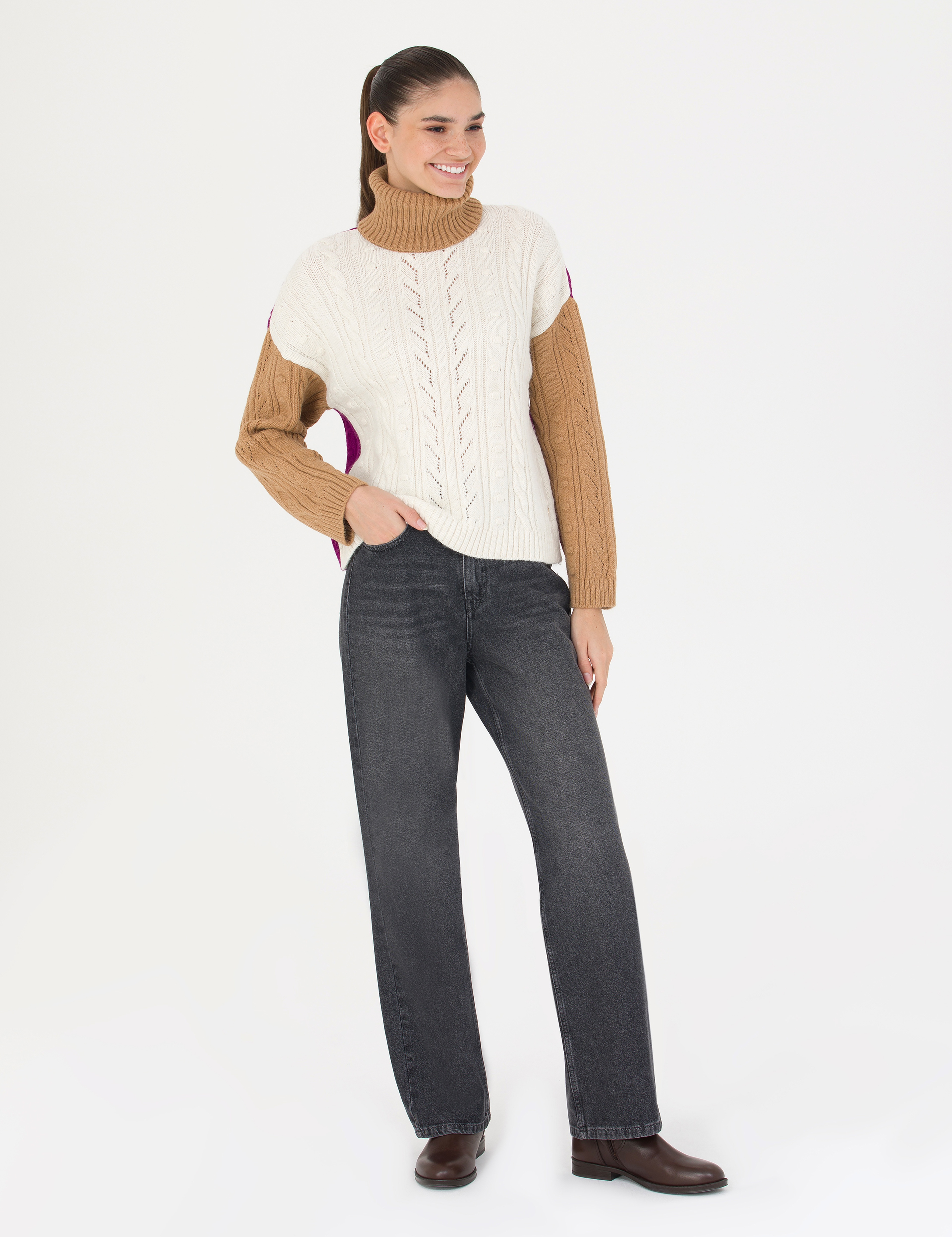 Camel Crop Top Balıkçı Yaka Kazak - Image 4
