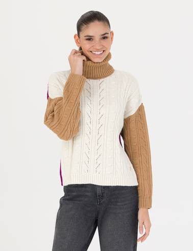 Camel Crop Top Balıkçı Yaka Kazak