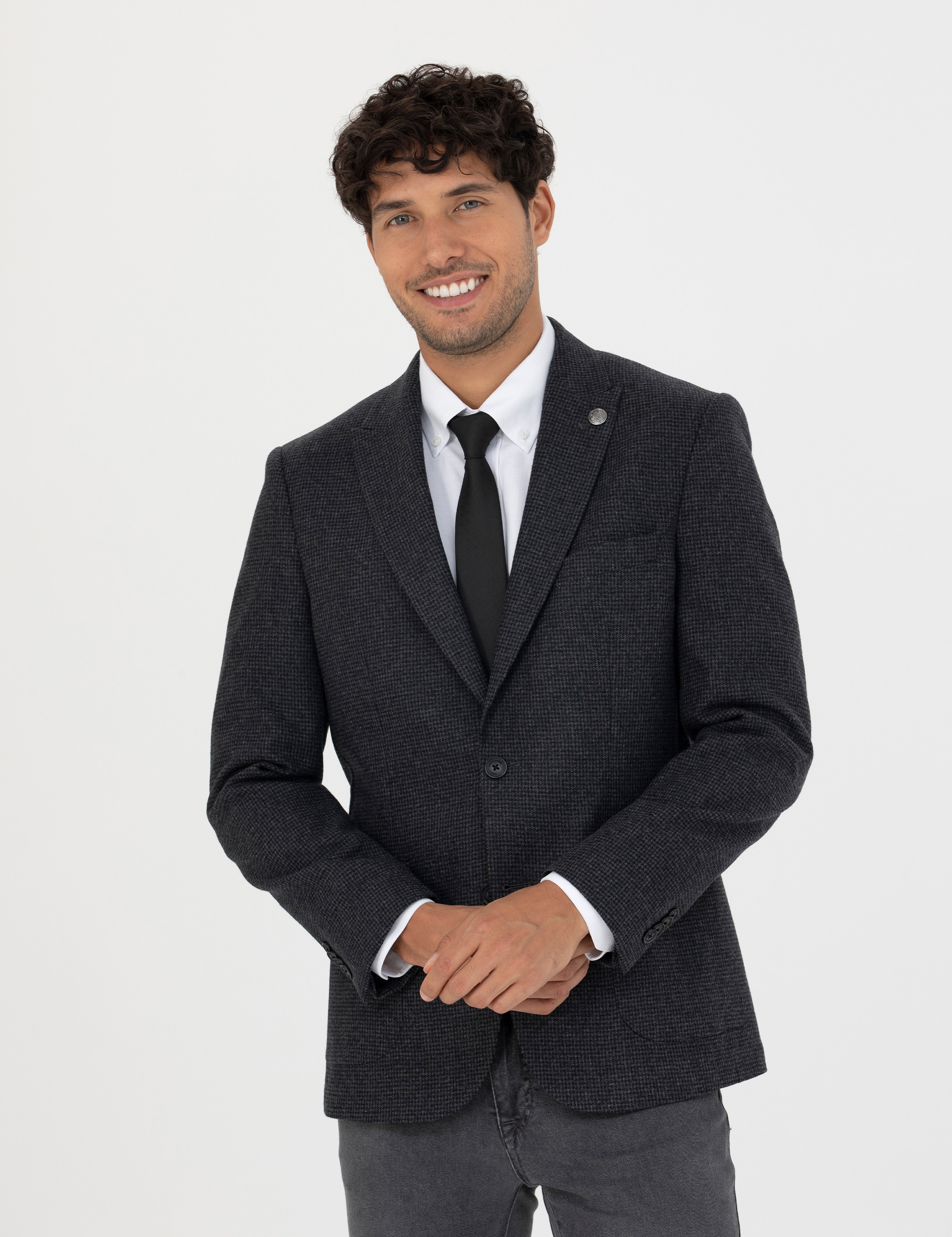 Antrasit Slim Fit Yün Karışımlı Ceket