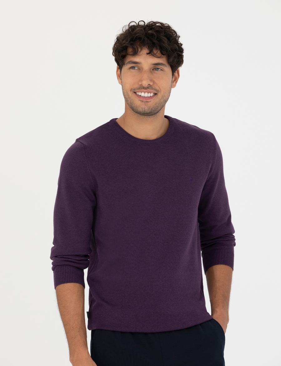 Mor Slim Fit Bisiklet Yaka Basic Triko Kazak