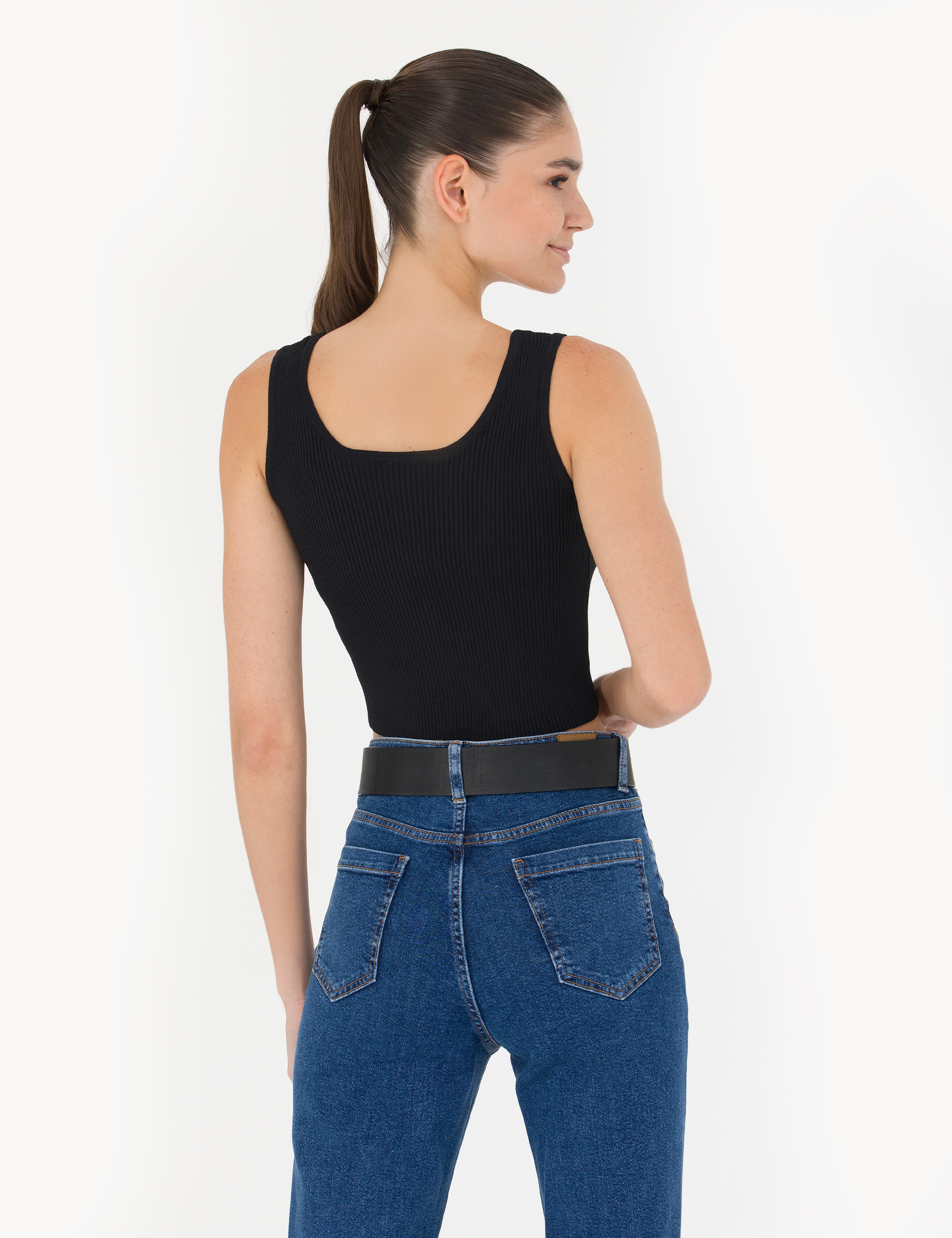 Siyah Crop Top Triko Bluz - Image 5