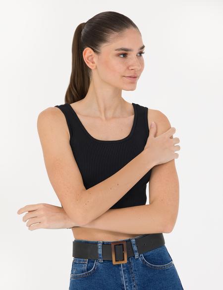 Siyah Crop Top Triko Bluz - 50275775006