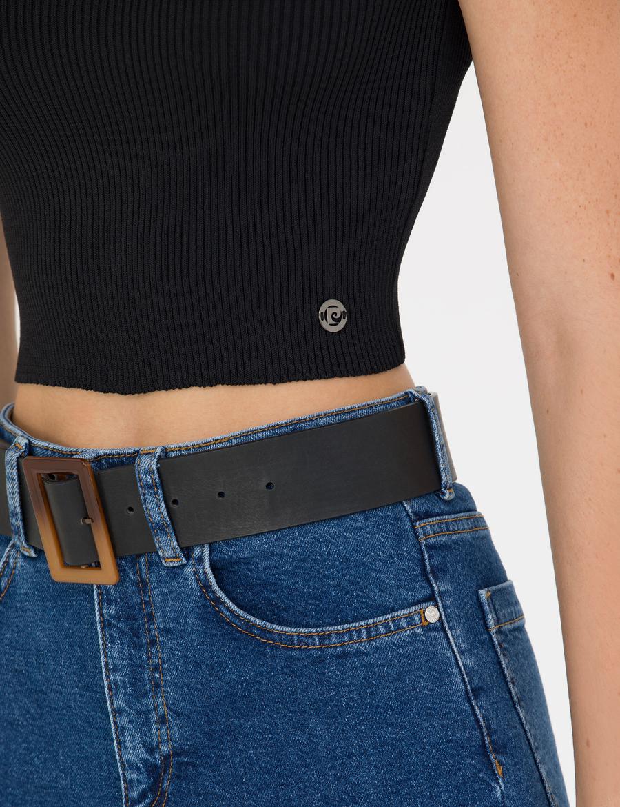 Siyah Crop Top Triko Bluz