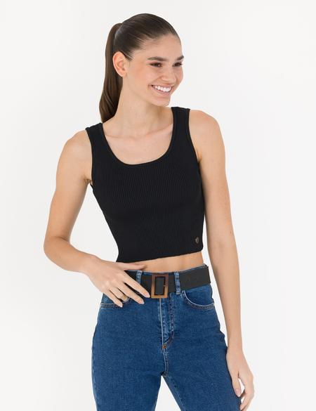 Siyah Crop Top Triko Bluz - 50275775006