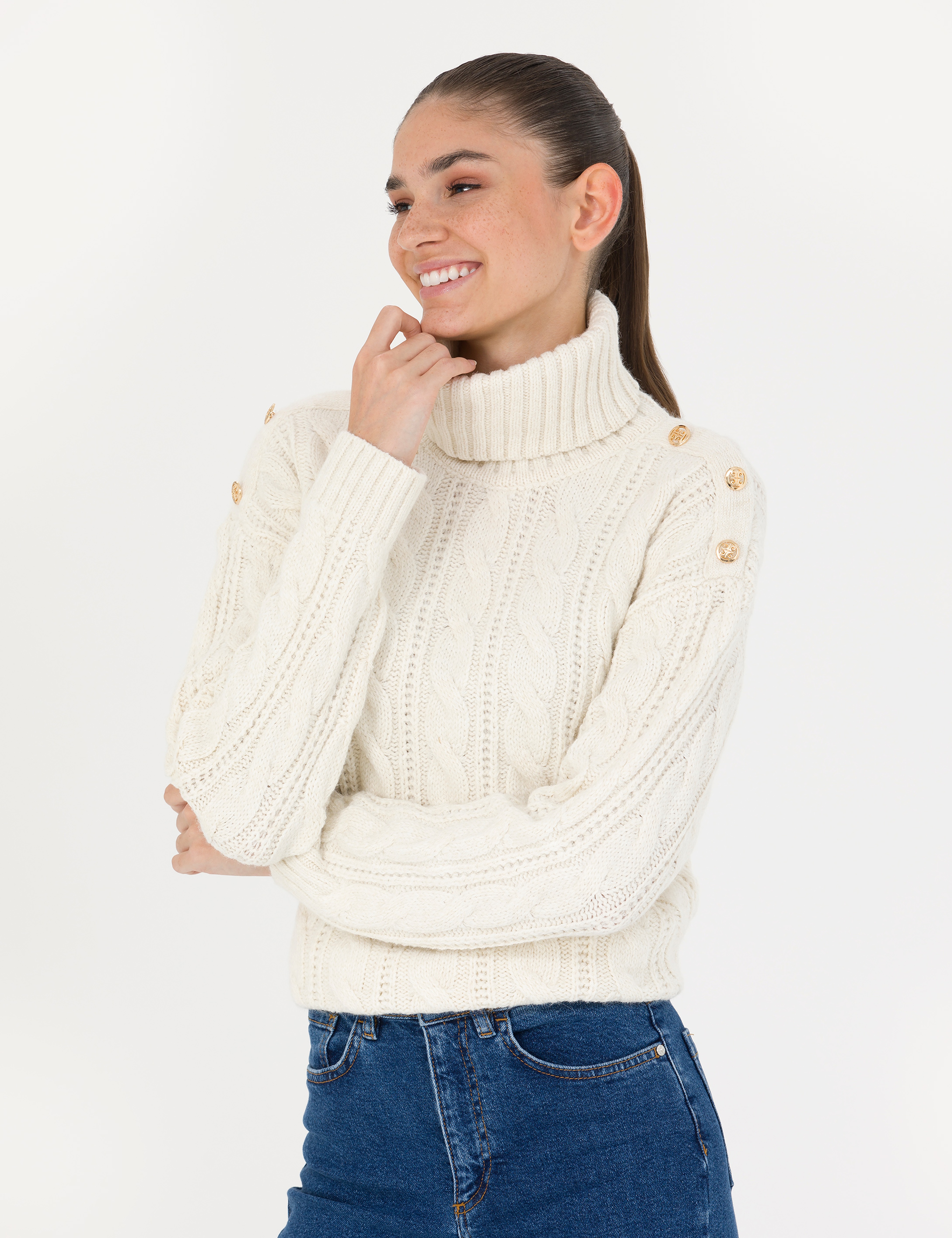 Krem Regular Fit Balıkçı Yaka Kazak - Image 3