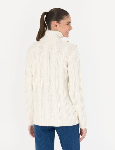 Krem Regular Fit Balıkçı Yaka Kazak