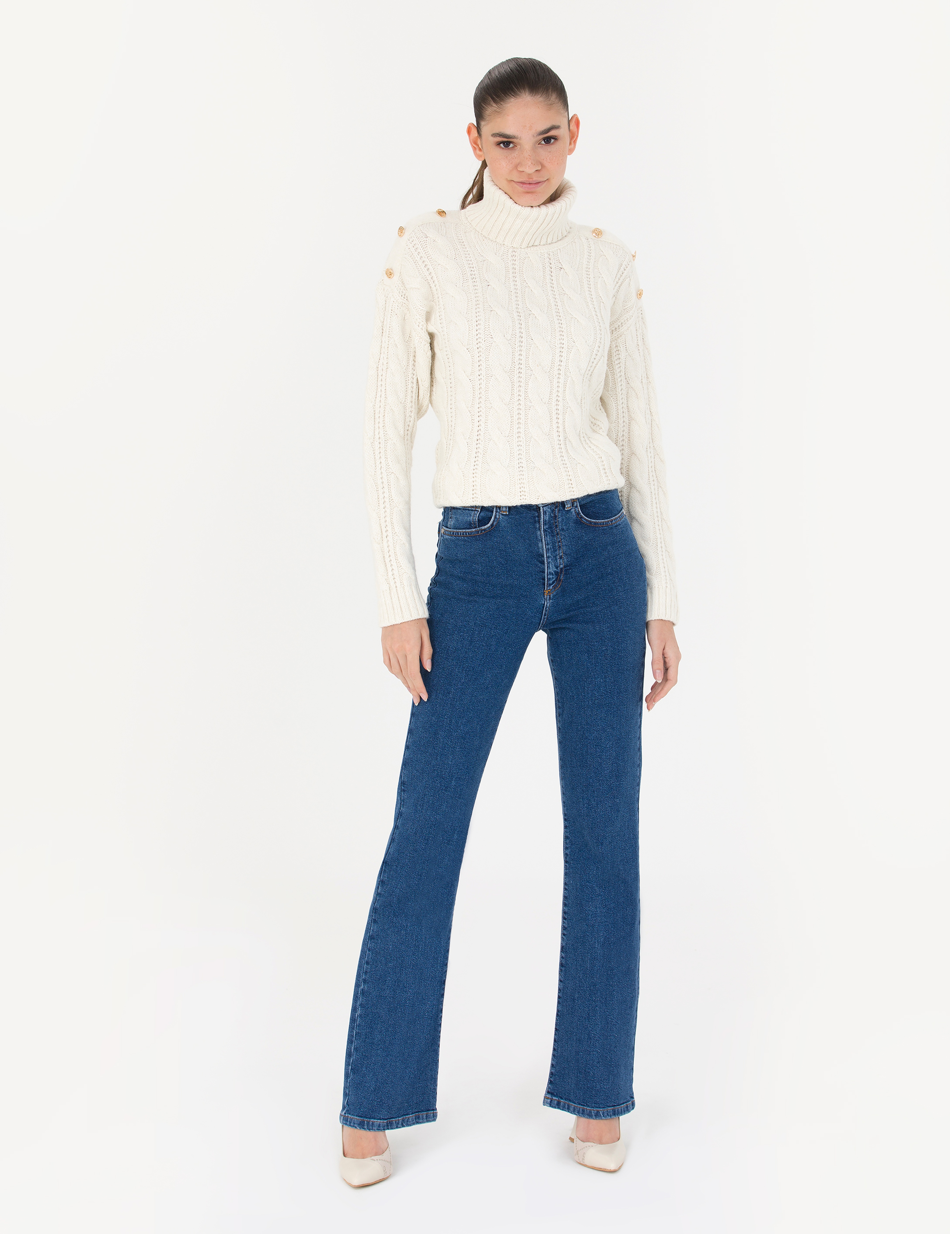 Krem Regular Fit Balıkçı Yaka Kazak - Image 4