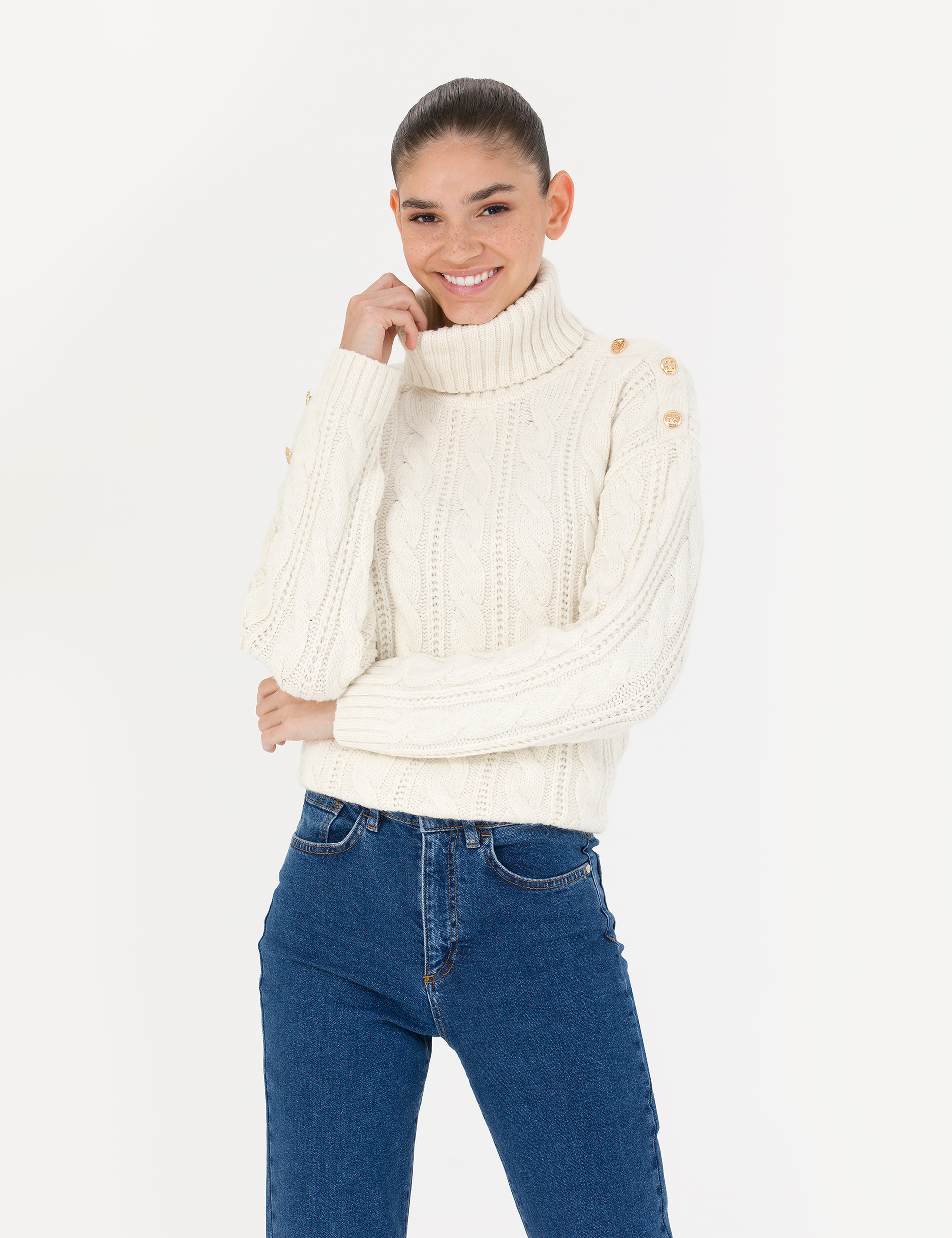Krem Regular Fit Balıkçı Yaka Kazak - Image 1