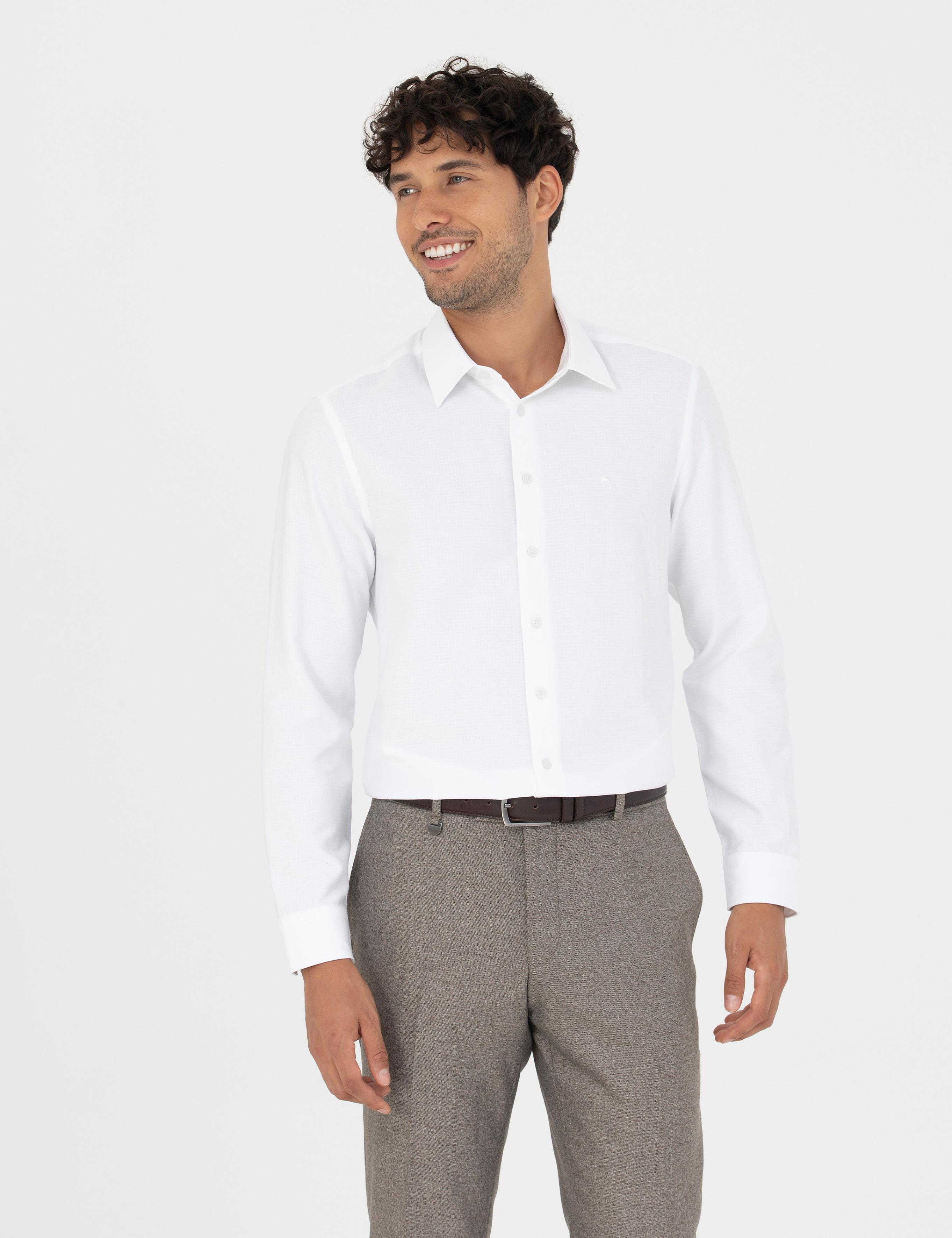 Beyaz Slim Fit Armürlü Uzun Kollu Gömlek