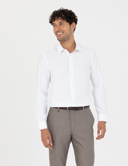 Beyaz Slim Fit Armürlü Uzun Kollu Gömlek - 50277399014