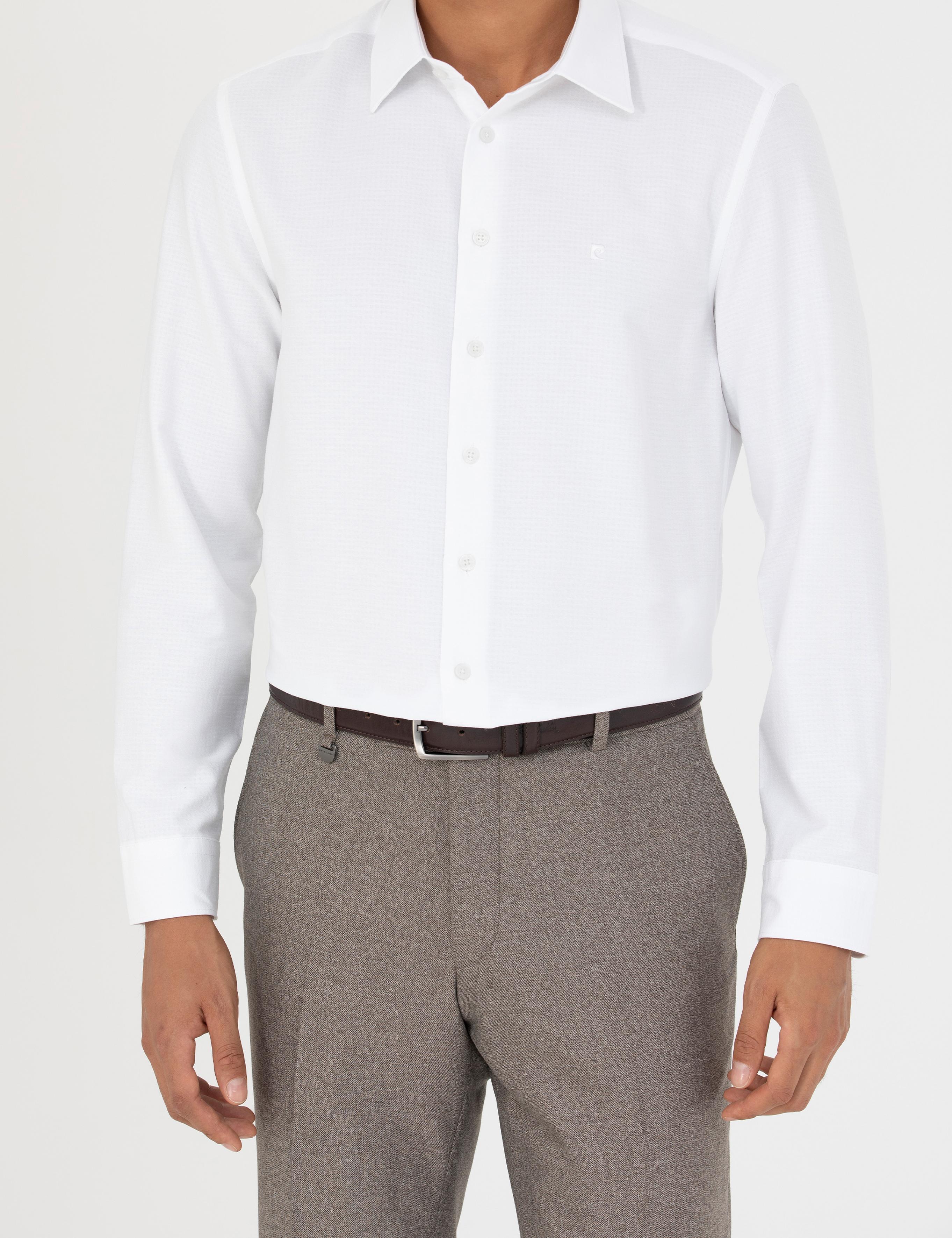 Beyaz Slim Fit Armürlü Uzun Kollu Gömlek