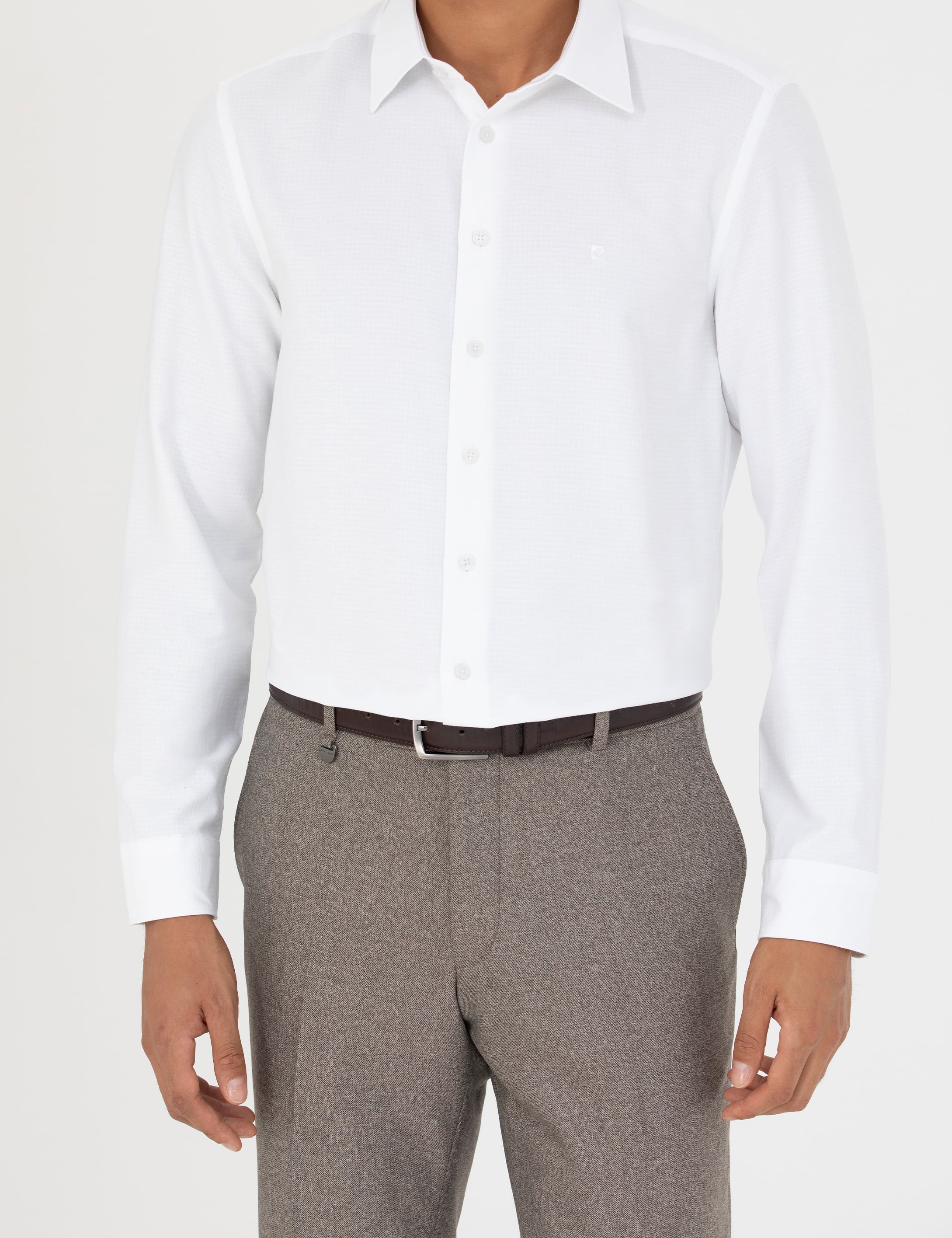 Beyaz Slim Fit Armürlü Uzun Kollu Gömlek - Image 6