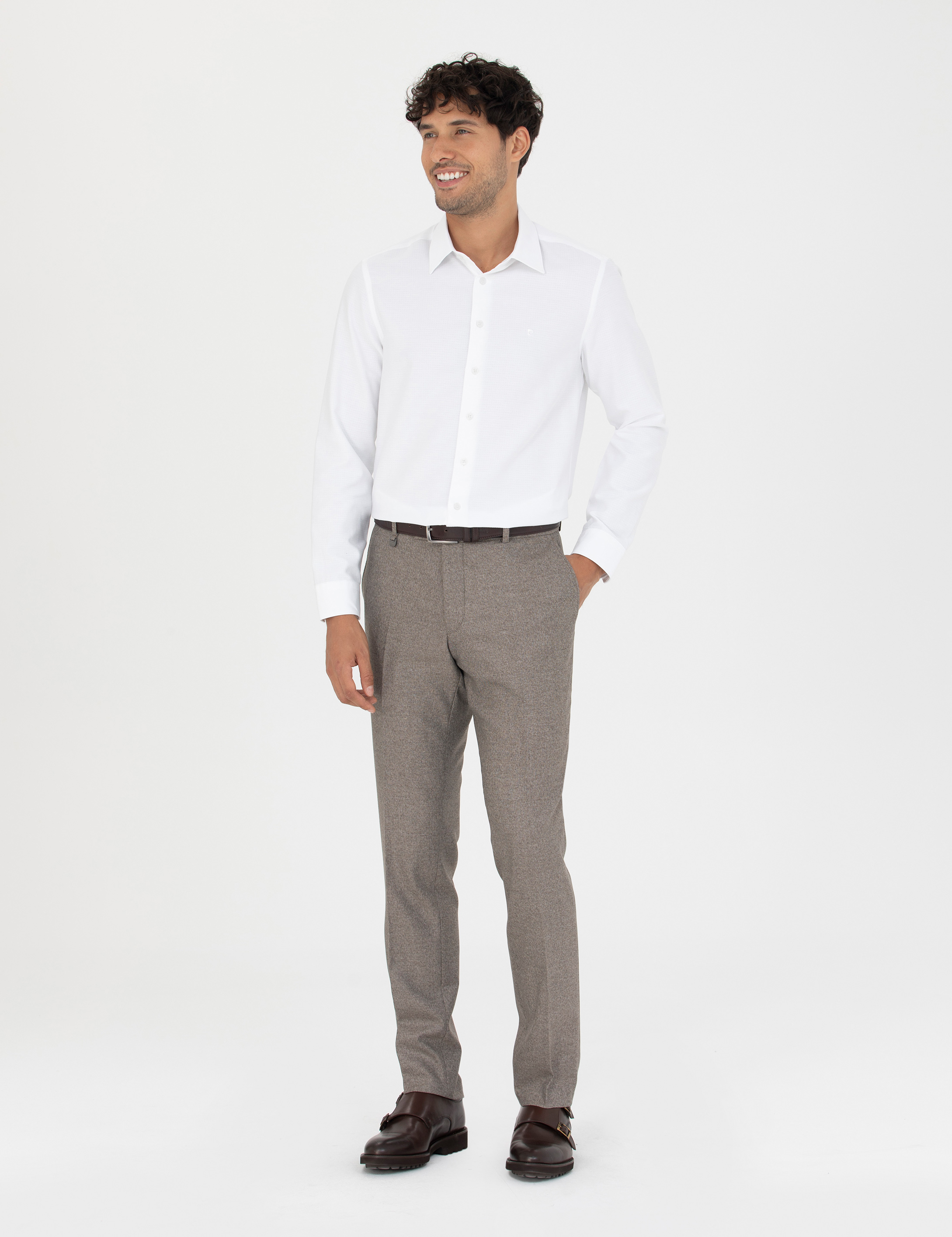 Beyaz Slim Fit Armürlü Uzun Kollu Gömlek - Image 4