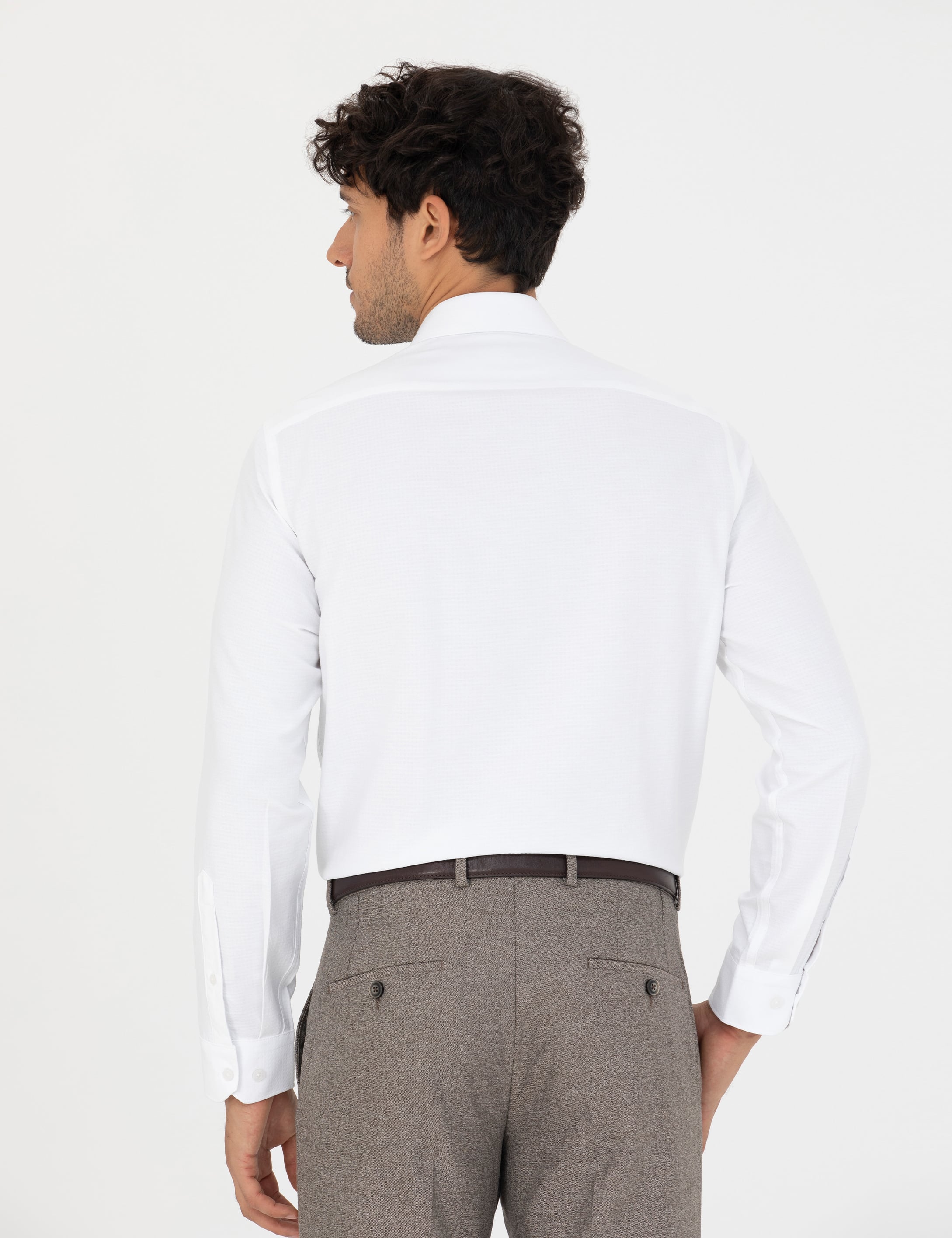 Beyaz Slim Fit Armürlü Uzun Kollu Gömlek - Image 5