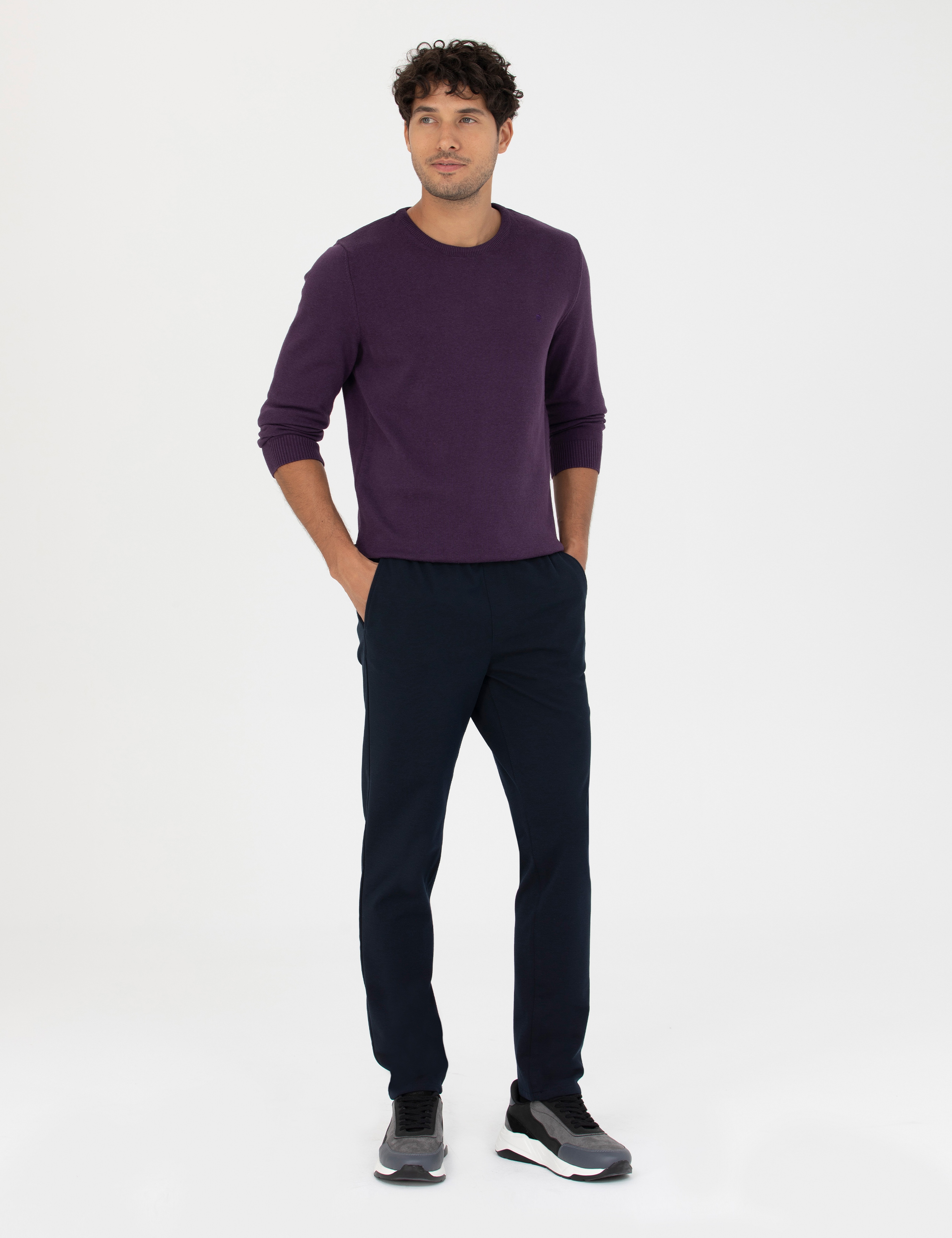 Lacivert Slim Fit Beli Lastikli Bağcıklı Kanvas Pantolon - Image 3