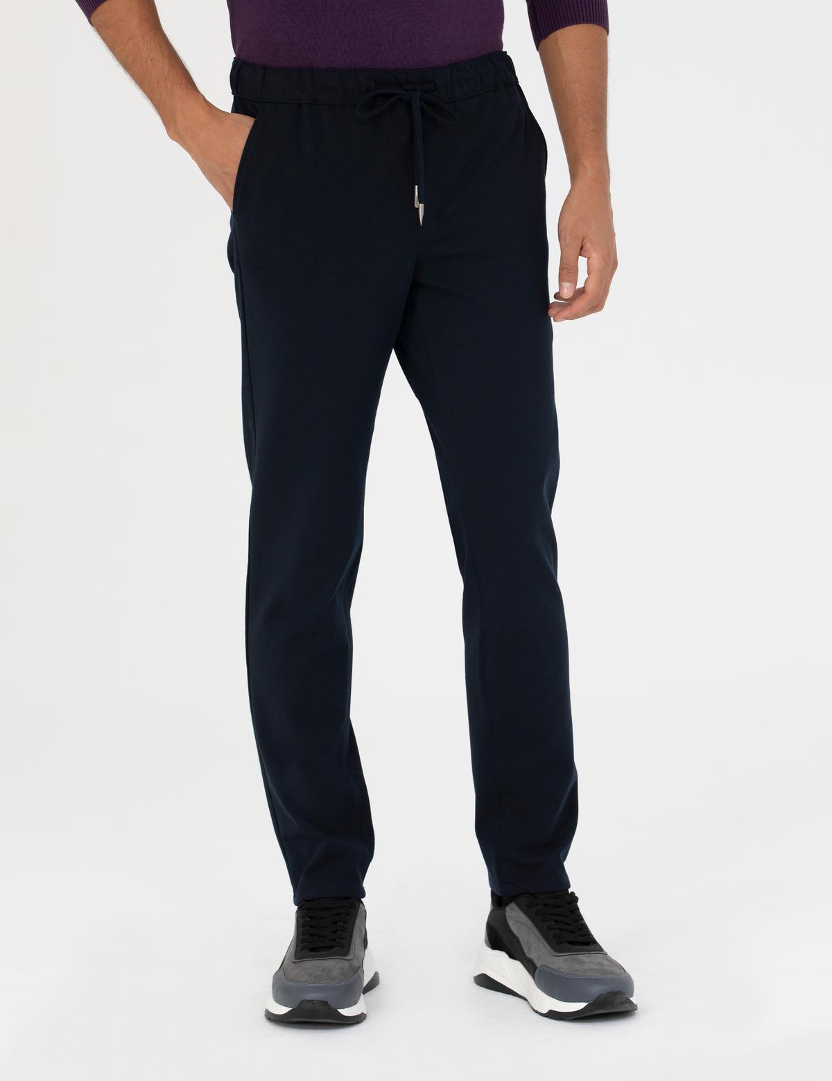 Lacivert Slim Fit Beli Lastikli Bağcıklı Kanvas Pantolon - 50278473062