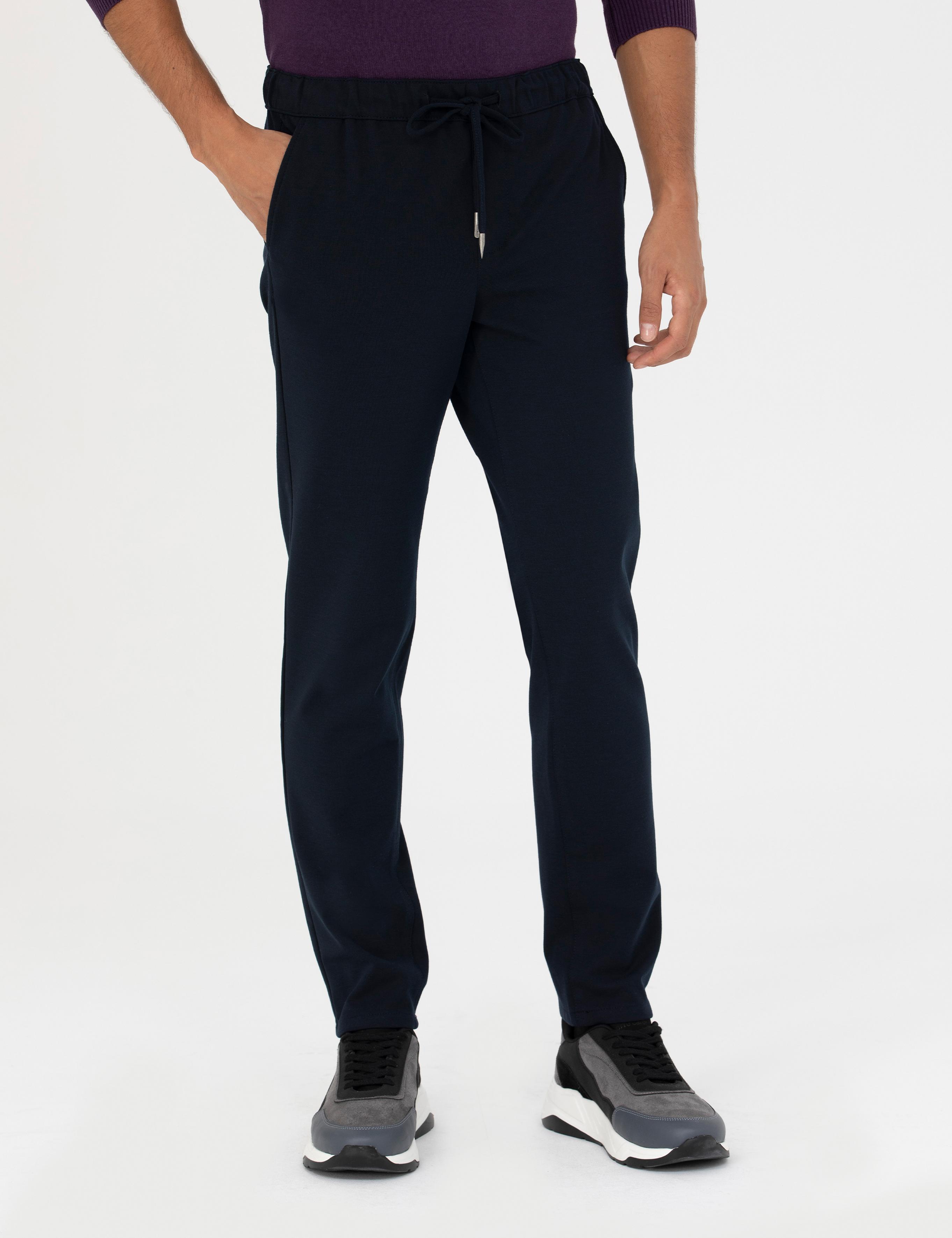 Lacivert Slim Fit Beli Lastikli Bağcıklı Kanvas Pantolon