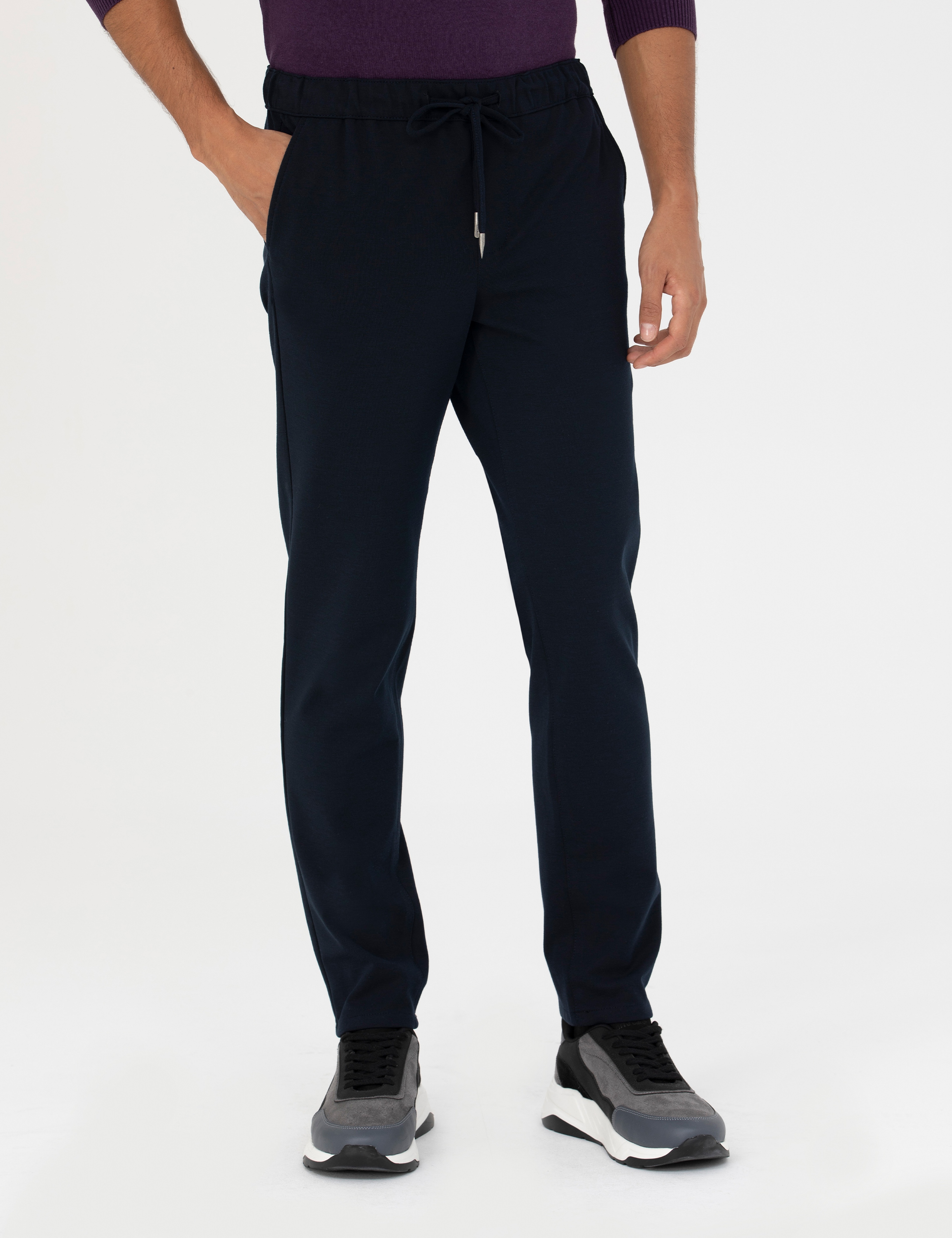 Lacivert Slim Fit Beli Lastikli Bağcıklı Kanvas Pantolon - Image 2