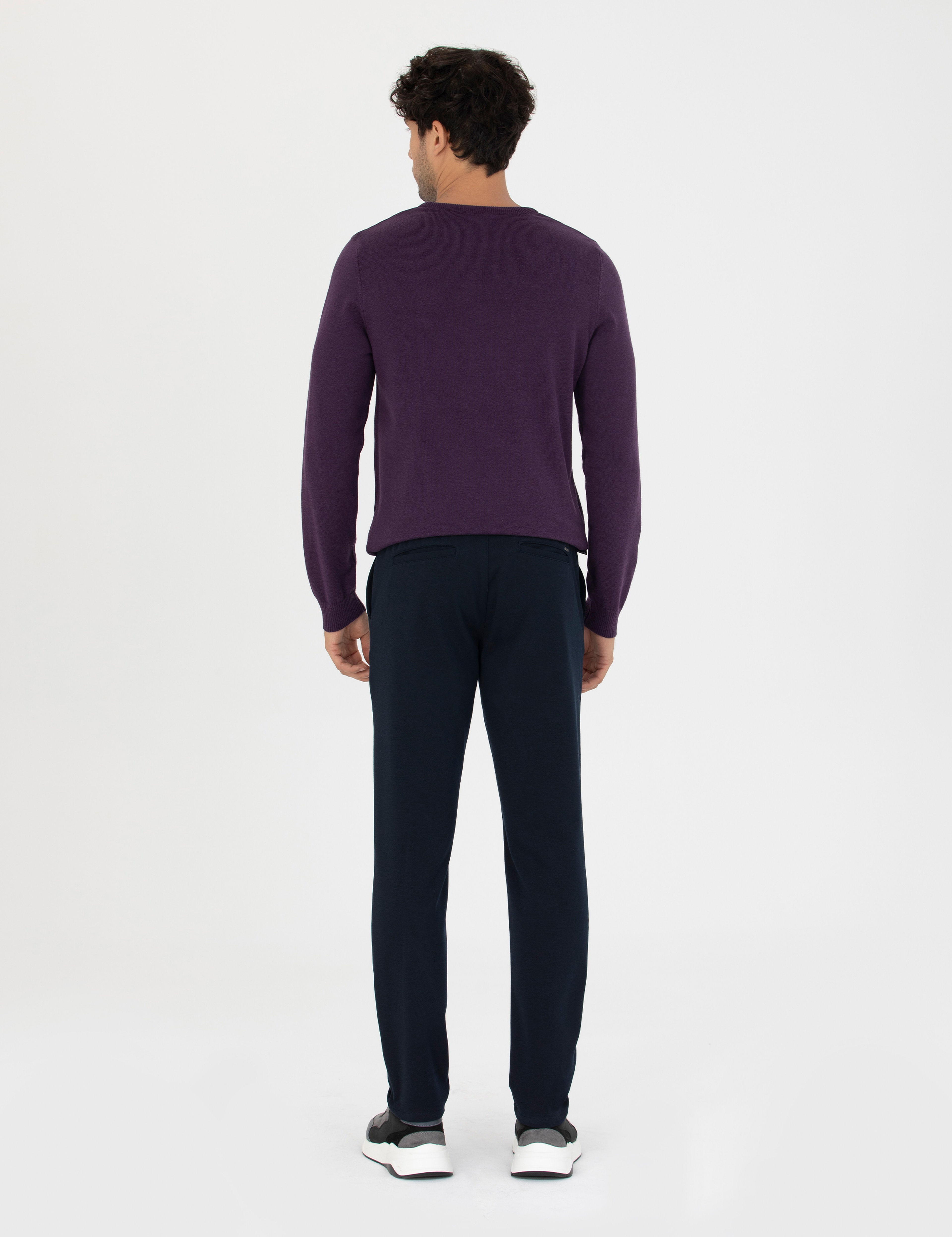 Lacivert Slim Fit Beli Lastikli Bağcıklı Kanvas Pantolon - Image 4