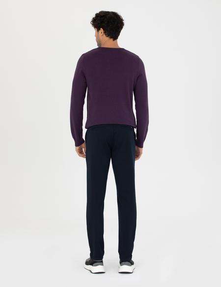 Lacivert Slim Fit Beli Lastikli Bağcıklı Kanvas Pantolon - 50278473062