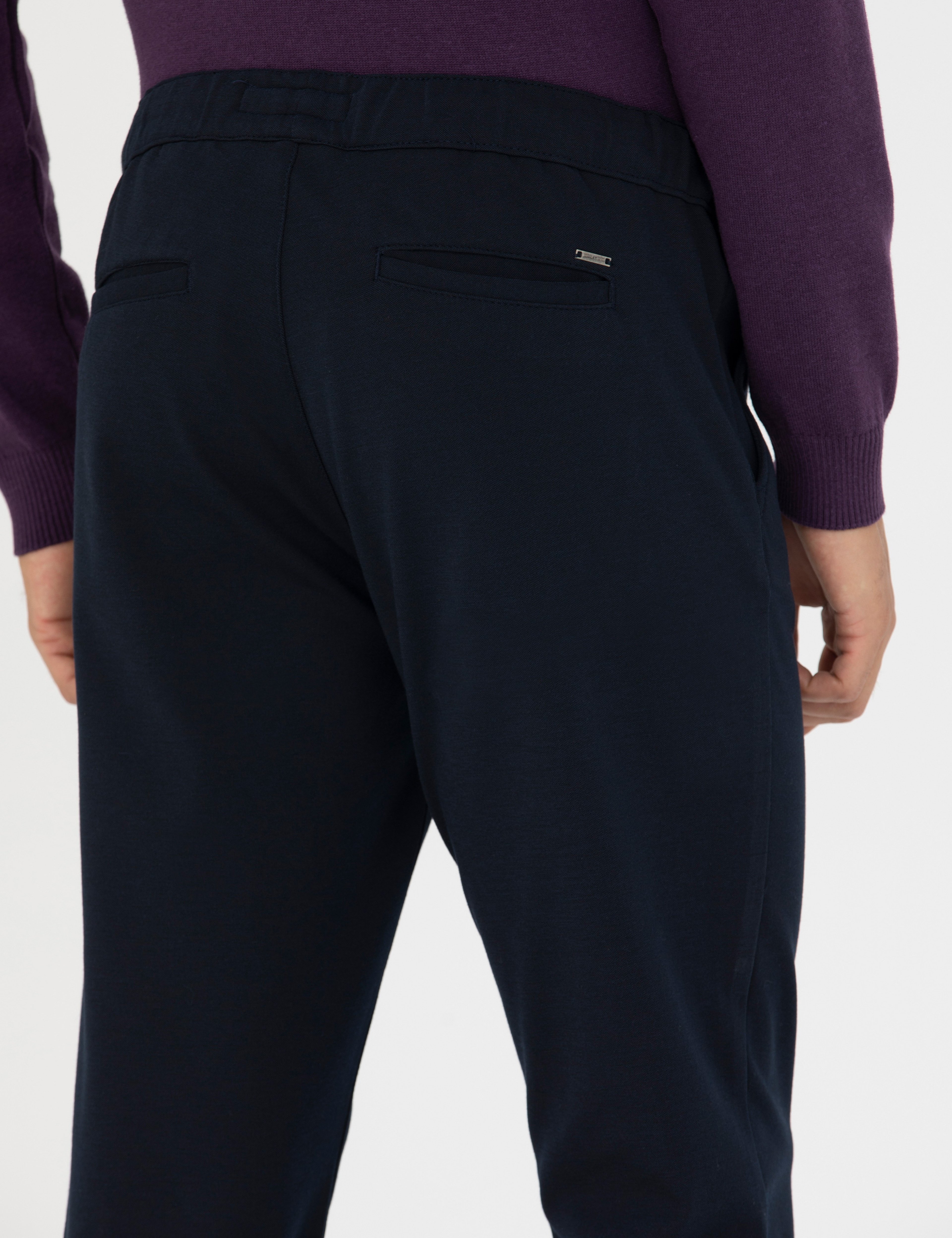 Lacivert Slim Fit Beli Lastikli Bağcıklı Kanvas Pantolon - Image 7
