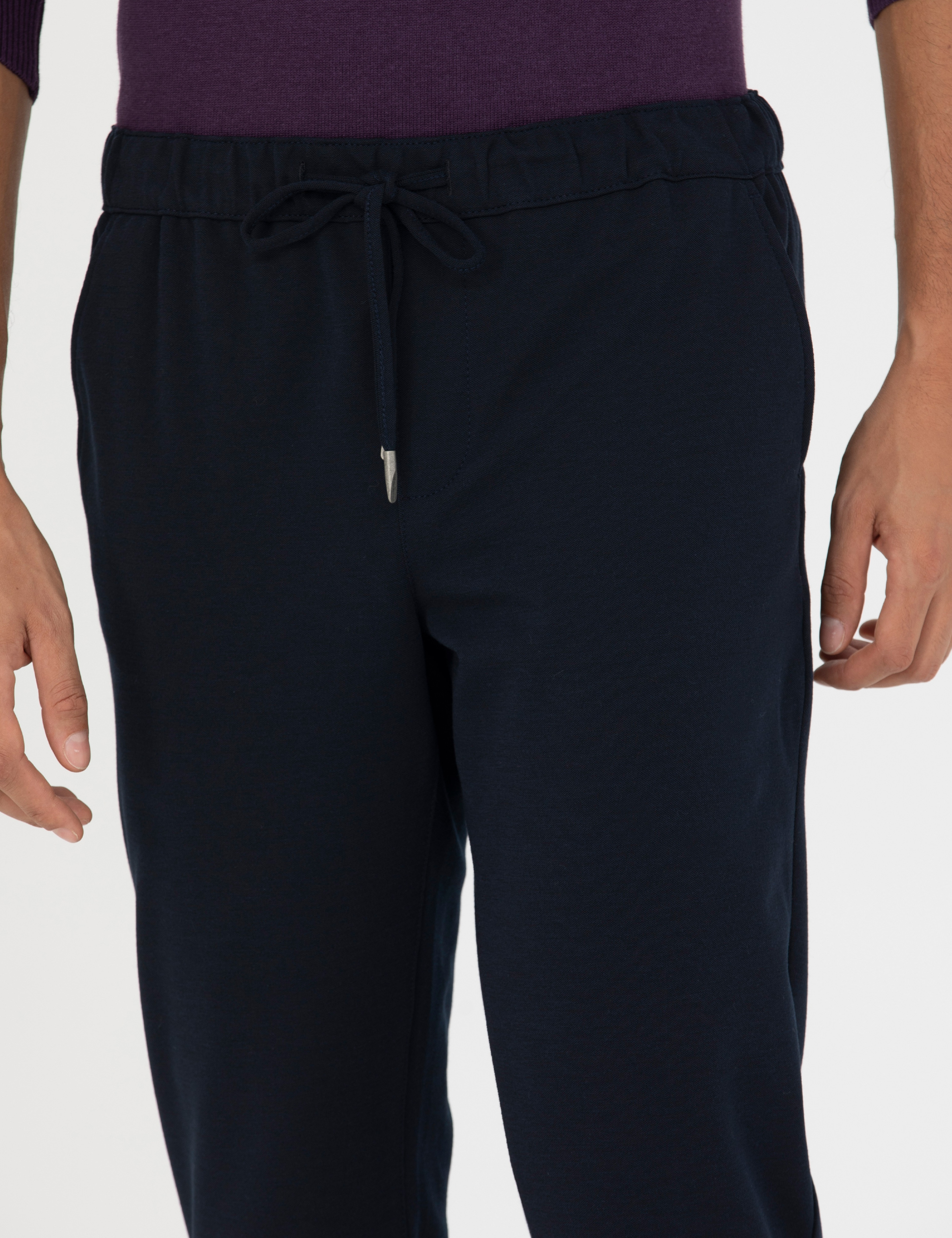 Lacivert Slim Fit Beli Lastikli Bağcıklı Kanvas Pantolon - Image 6