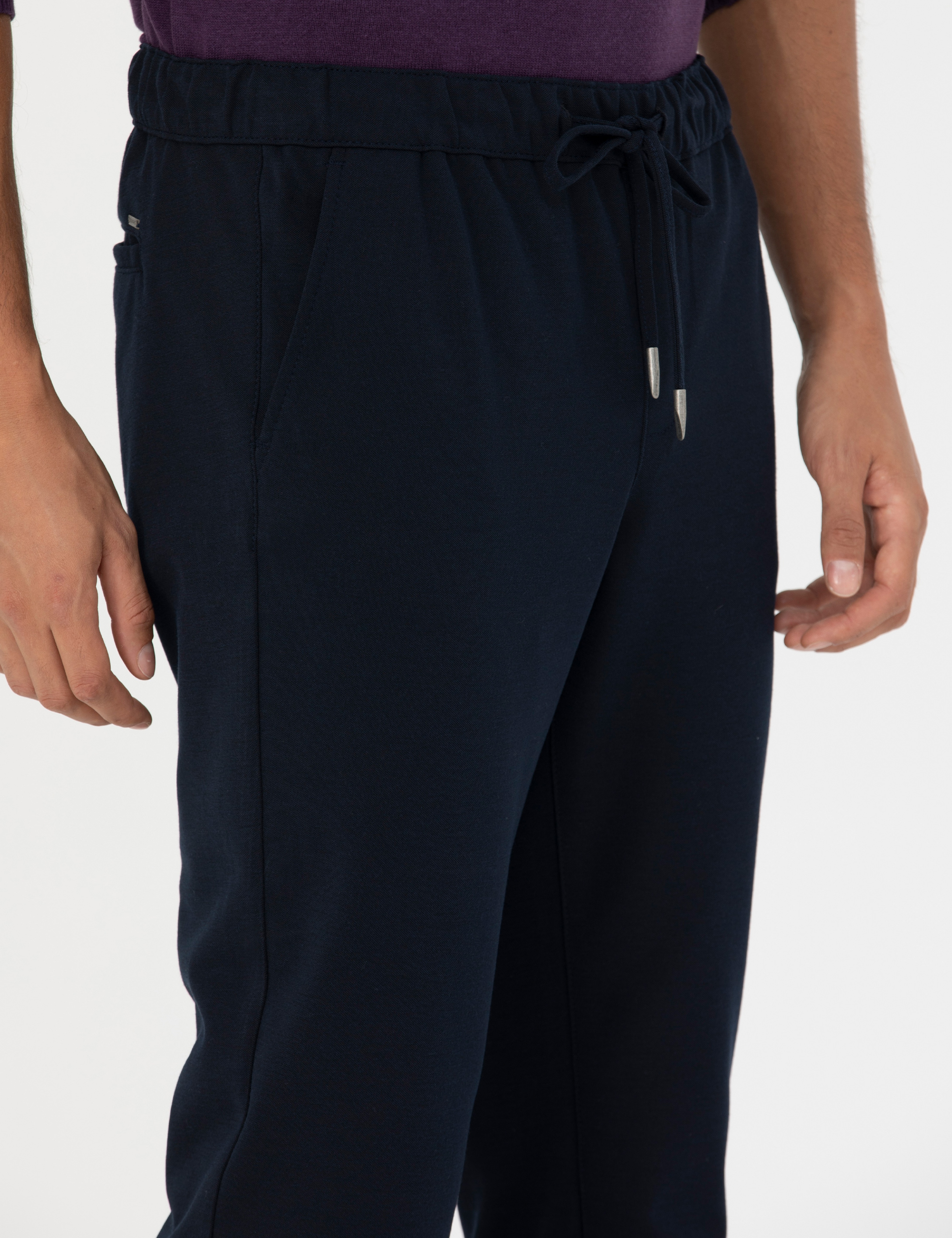 Lacivert Slim Fit Beli Lastikli Bağcıklı Kanvas Pantolon - Image 5