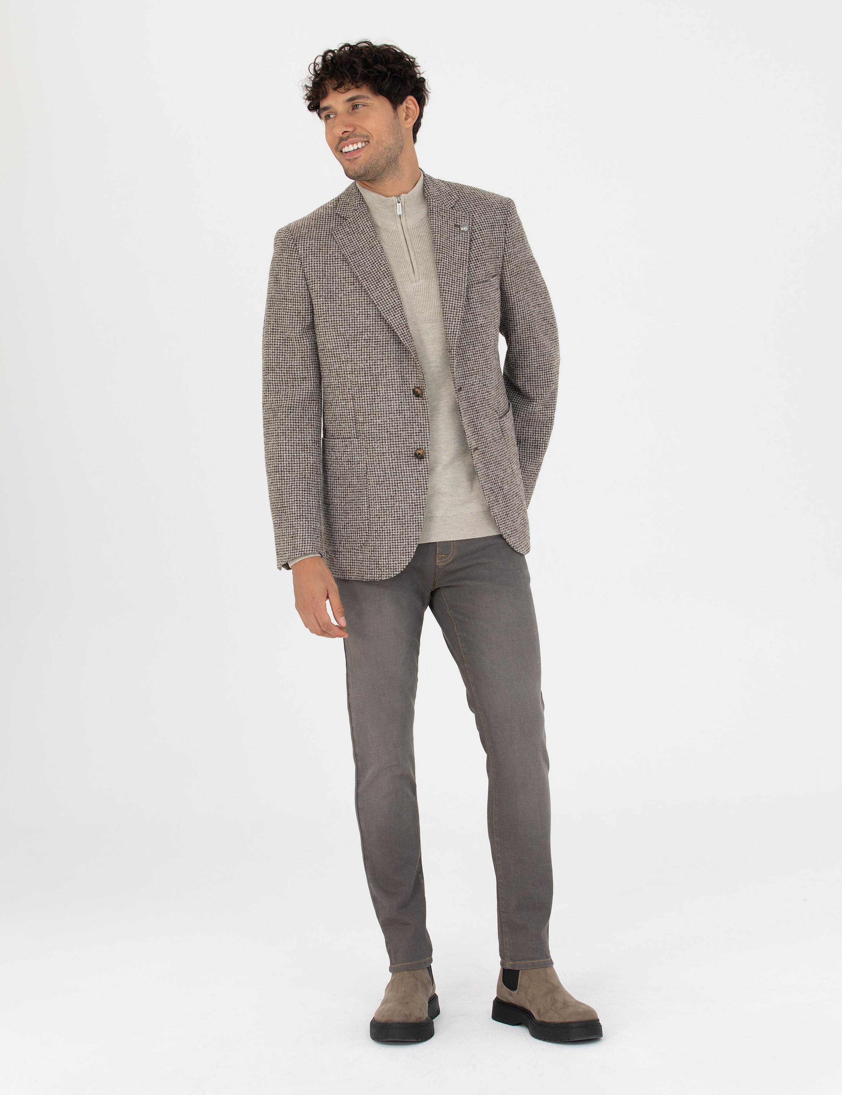 Kahverengi Slim Fit Yün Karışımlı Ceket