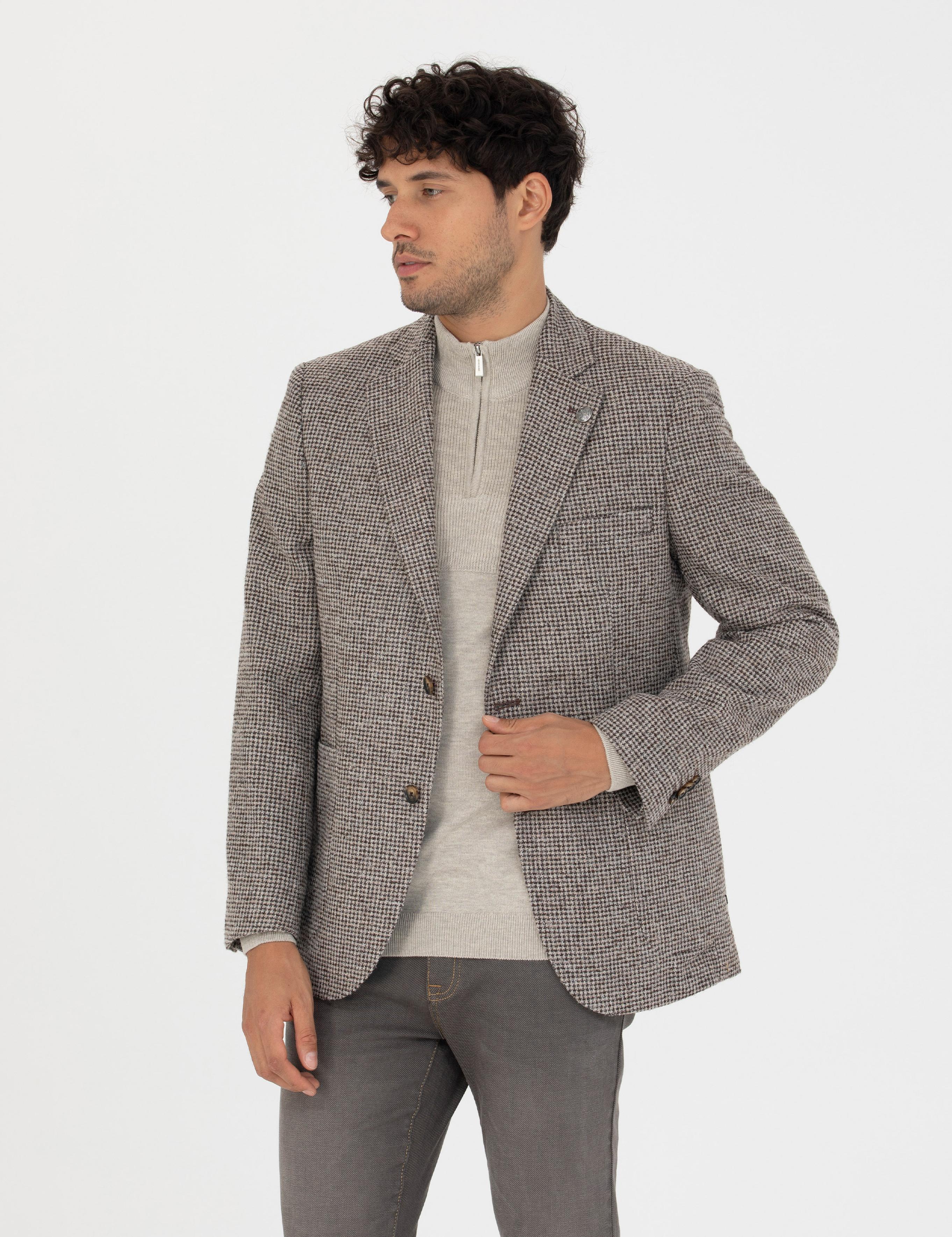 Kahverengi Slim Fit Yün Karışımlı Ceket