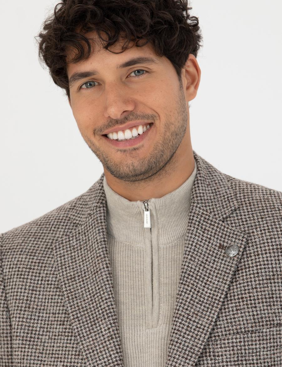 Kahverengi Slim Fit Yün Karışımlı Ceket