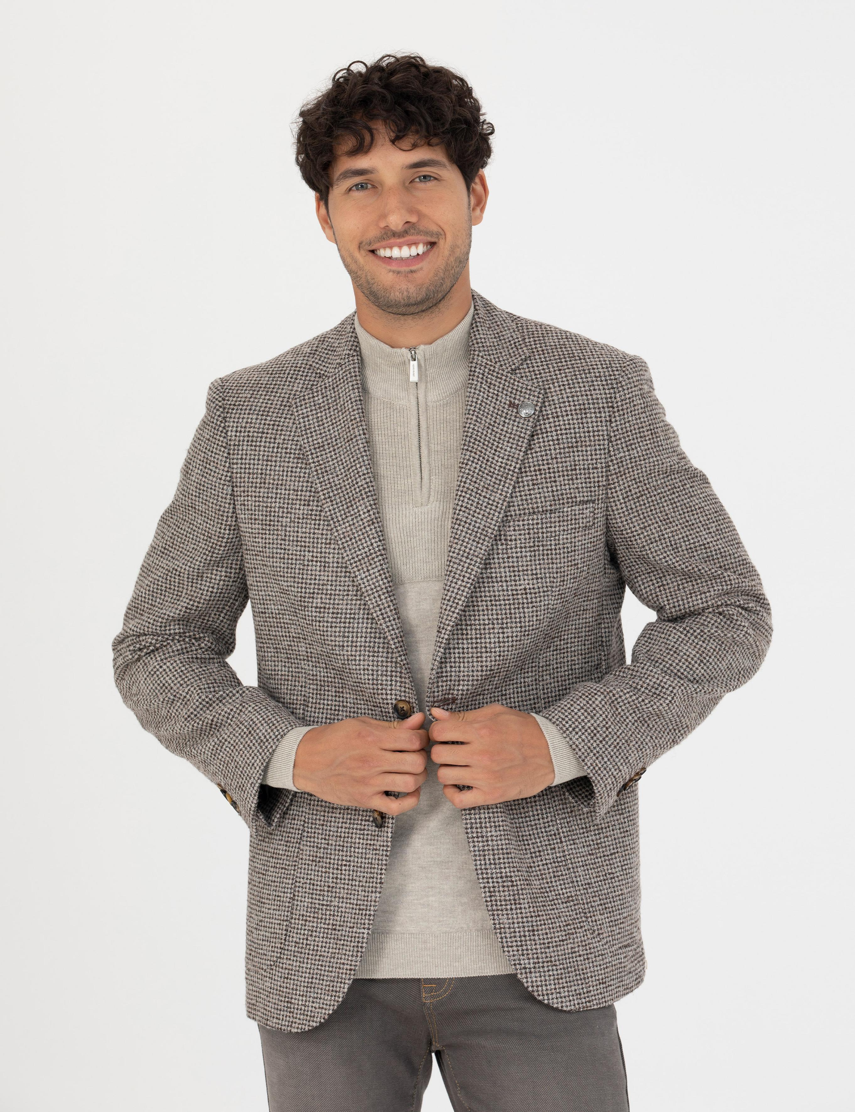 Kahverengi Slim Fit Yün Karışımlı Ceket