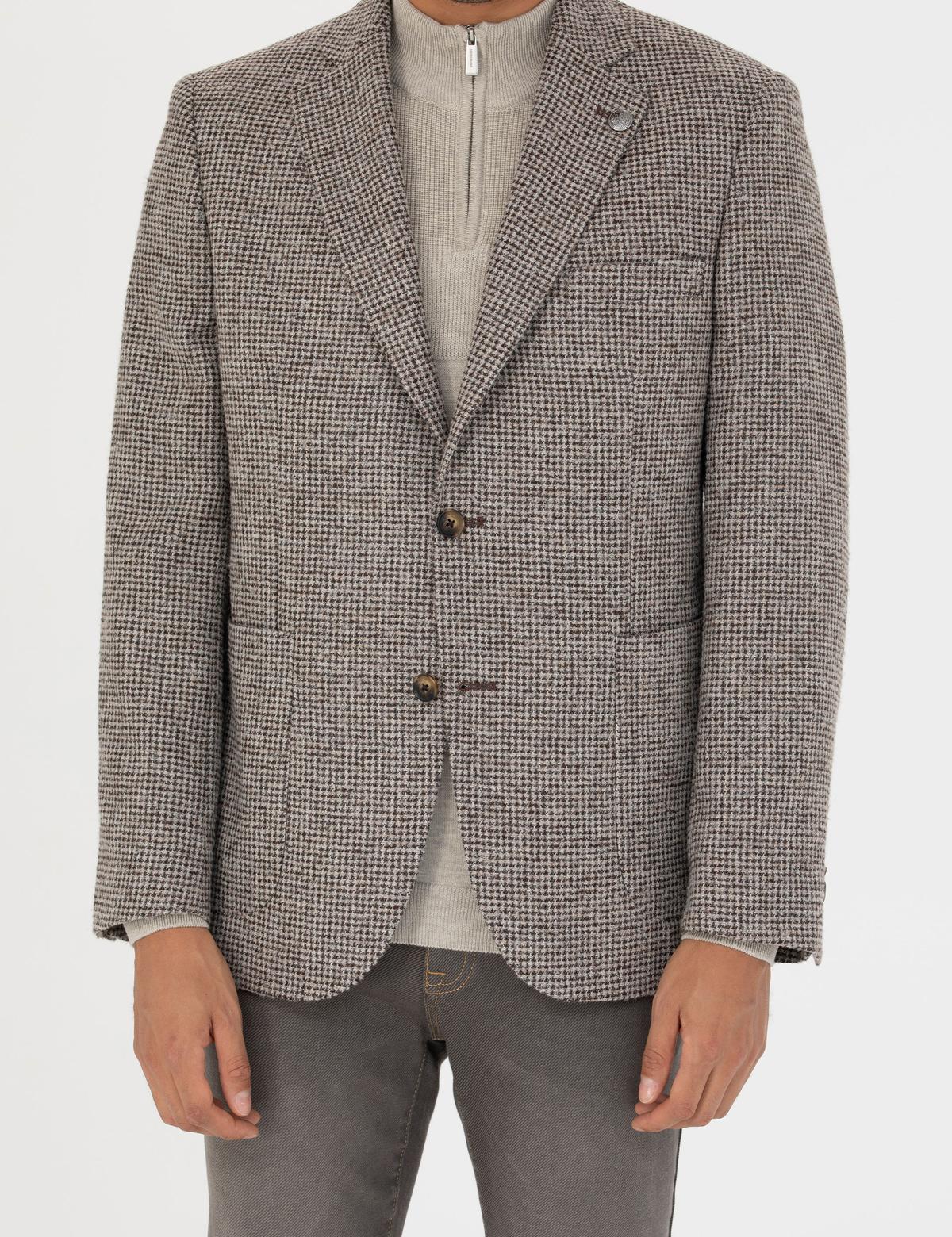 Kahverengi Slim Fit Yün Karışımlı Ceket - 50273155050