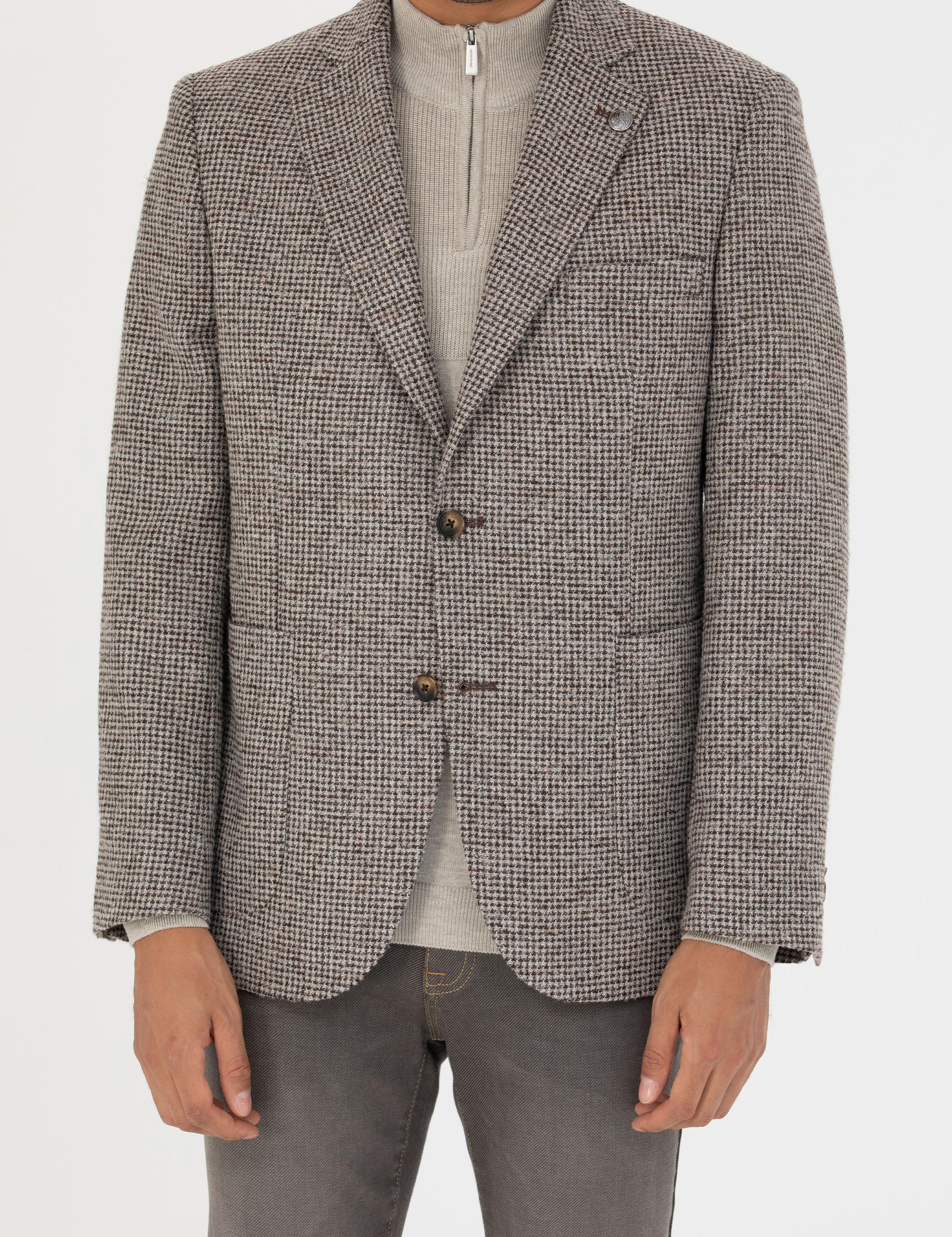 Kahverengi Slim Fit Yün Karışımlı Ceket