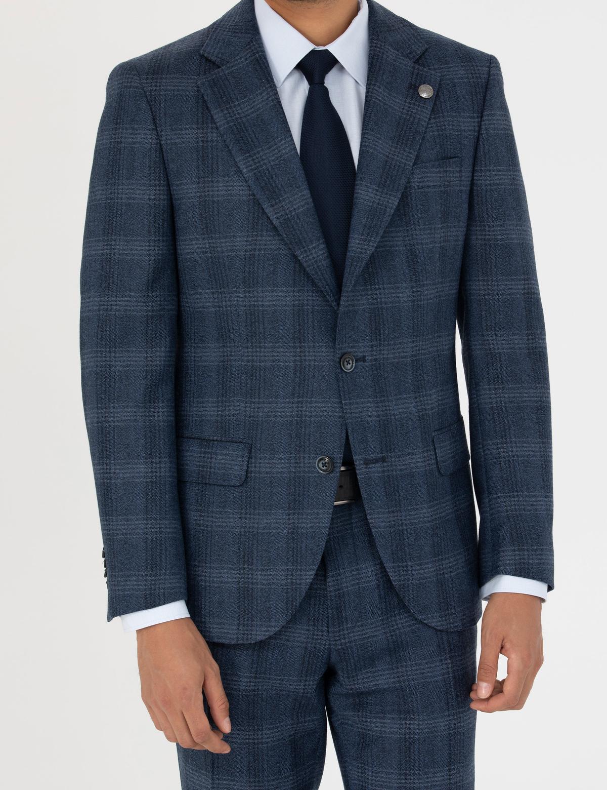 %100 Yün Ekose Lacivert Ekstra Slim Fit Takım Elbise - 50273458053