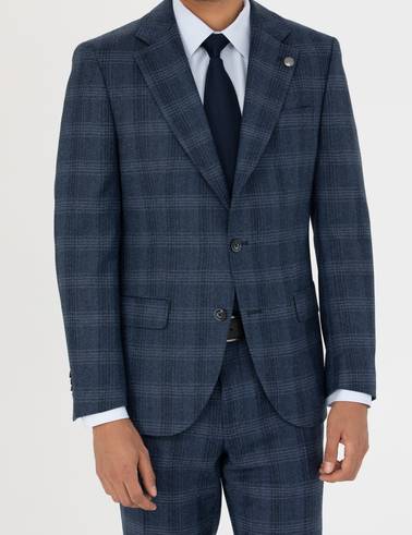 %100 Yün Ekose Lacivert Ekstra Slim Fit Takım Elbise