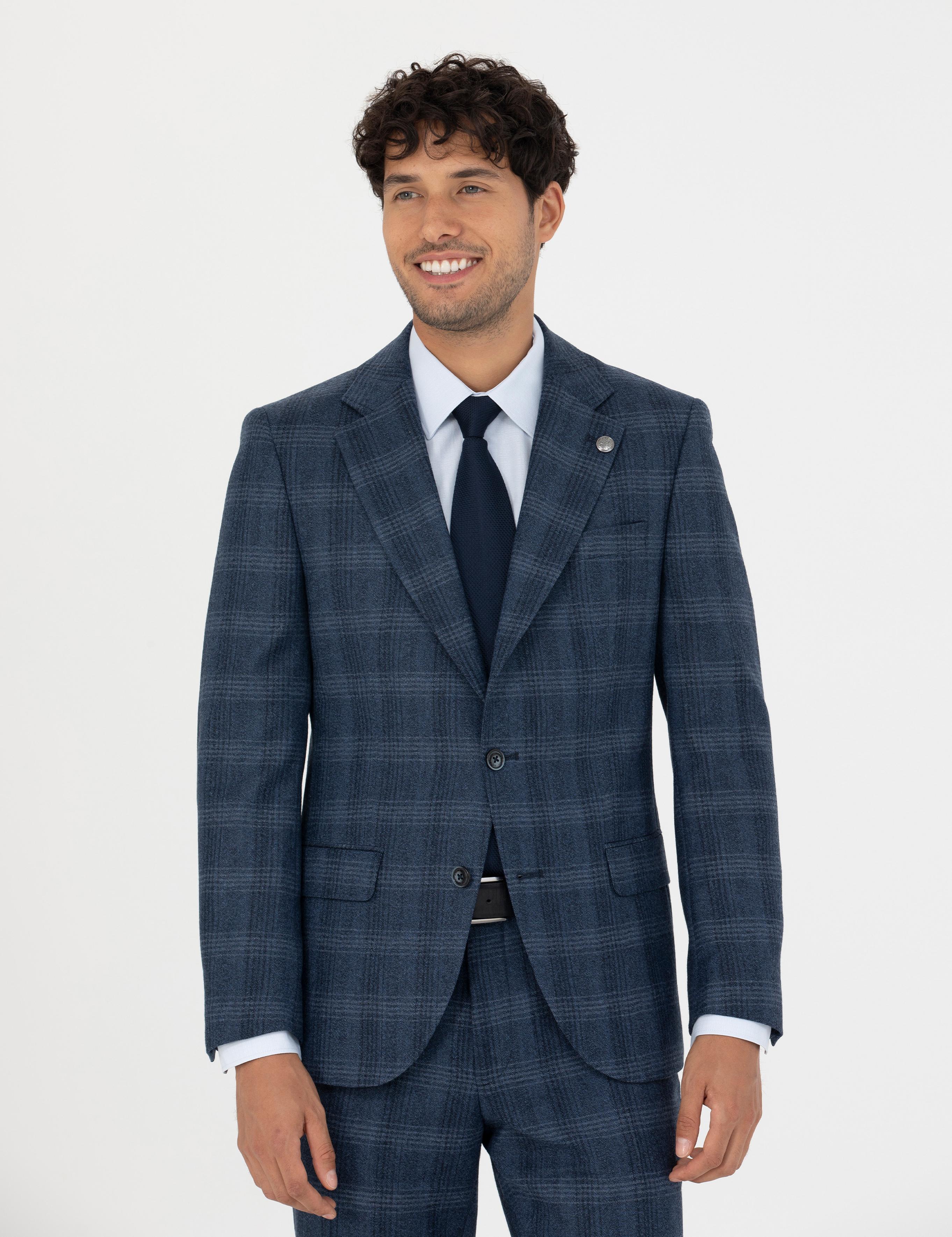 %100 Yün Ekose Lacivert Ekstra Slim Fit Takım Elbise