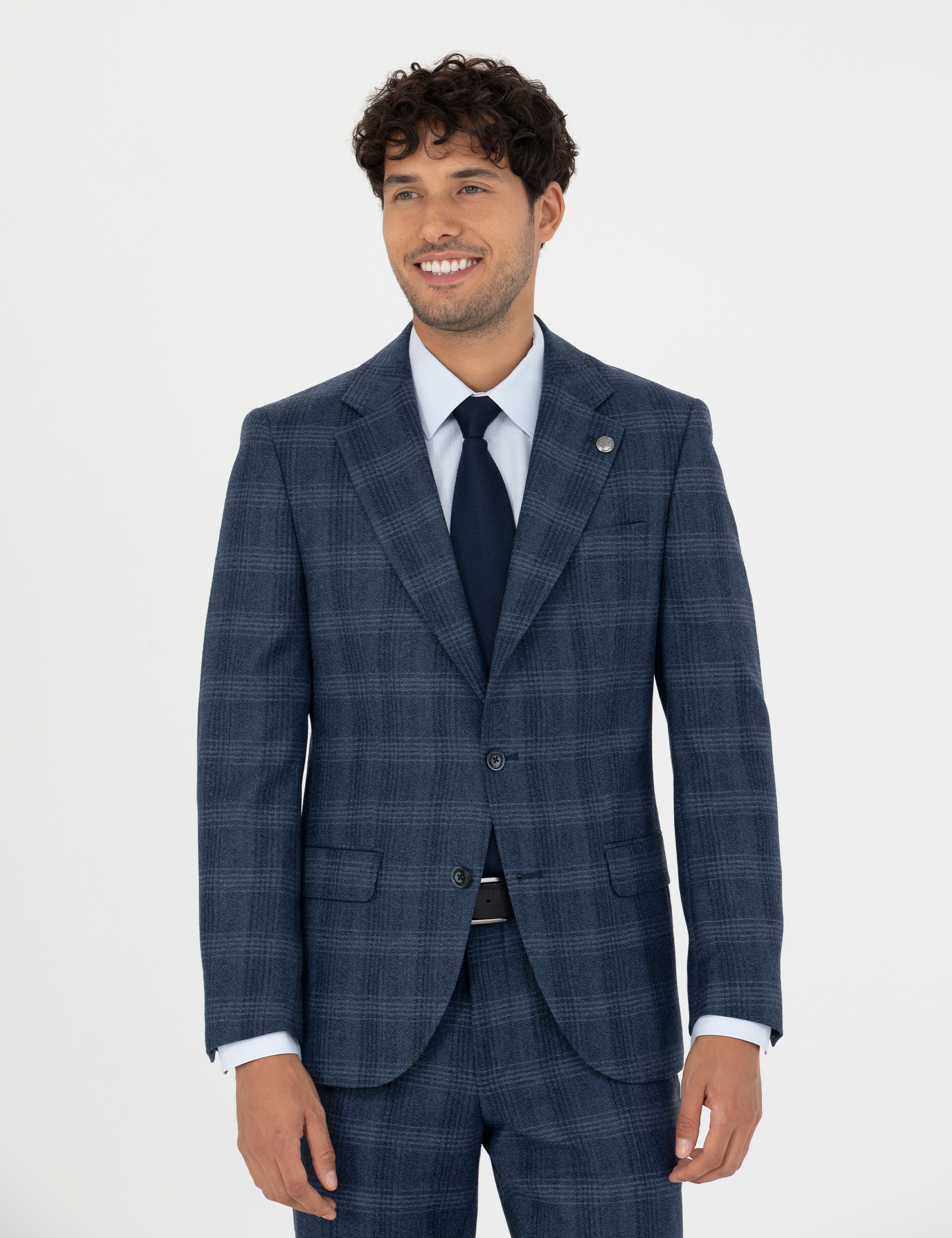 %100 Yün Ekose Lacivert Ekstra Slim Fit Takım Elbise - Image 4