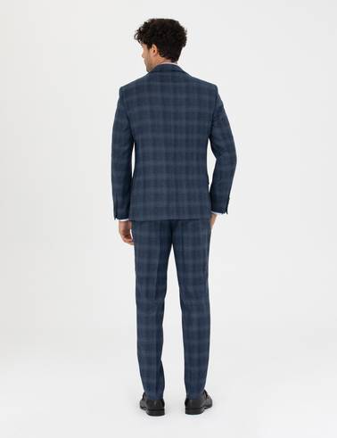 %100 Yün Ekose Lacivert Ekstra Slim Fit Takım Elbise